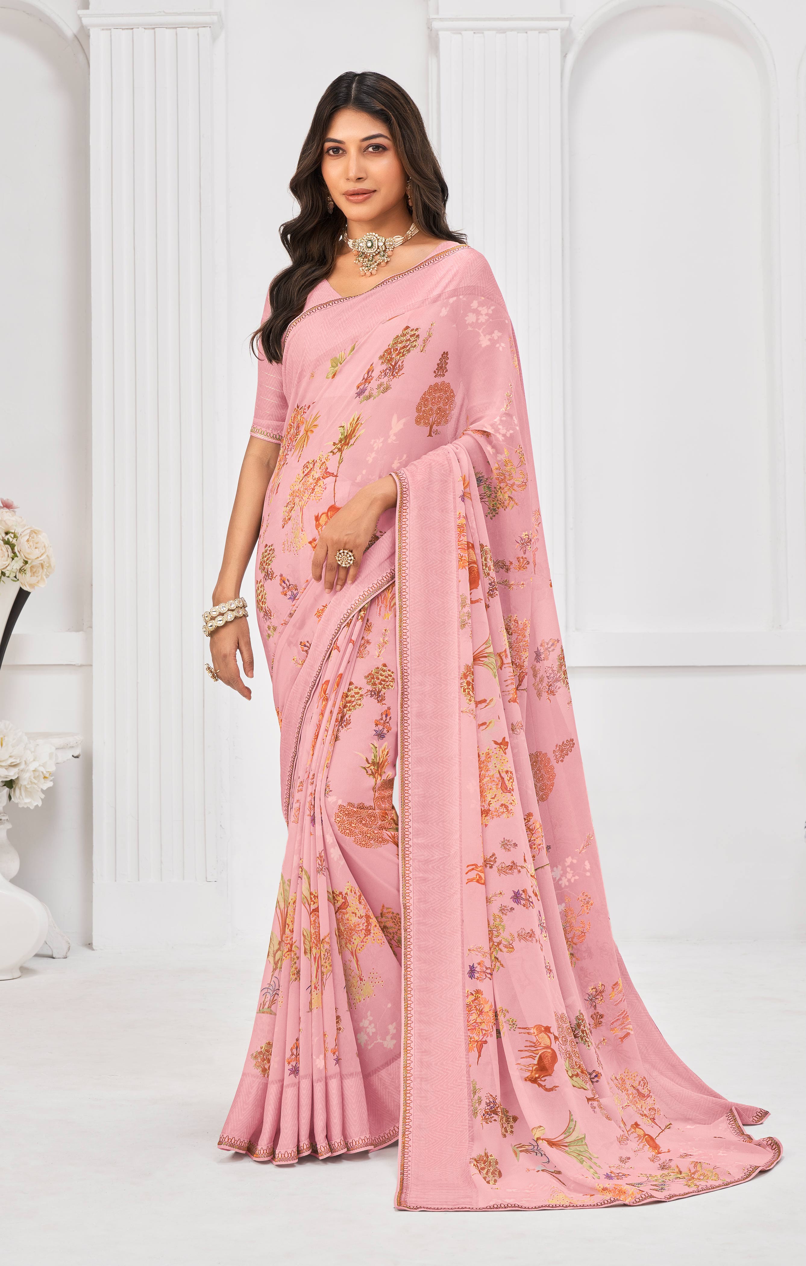 Laxmipati Sitaphal Floral Printed Georgette Saree in Light Pink Color with Unstitched Blouse