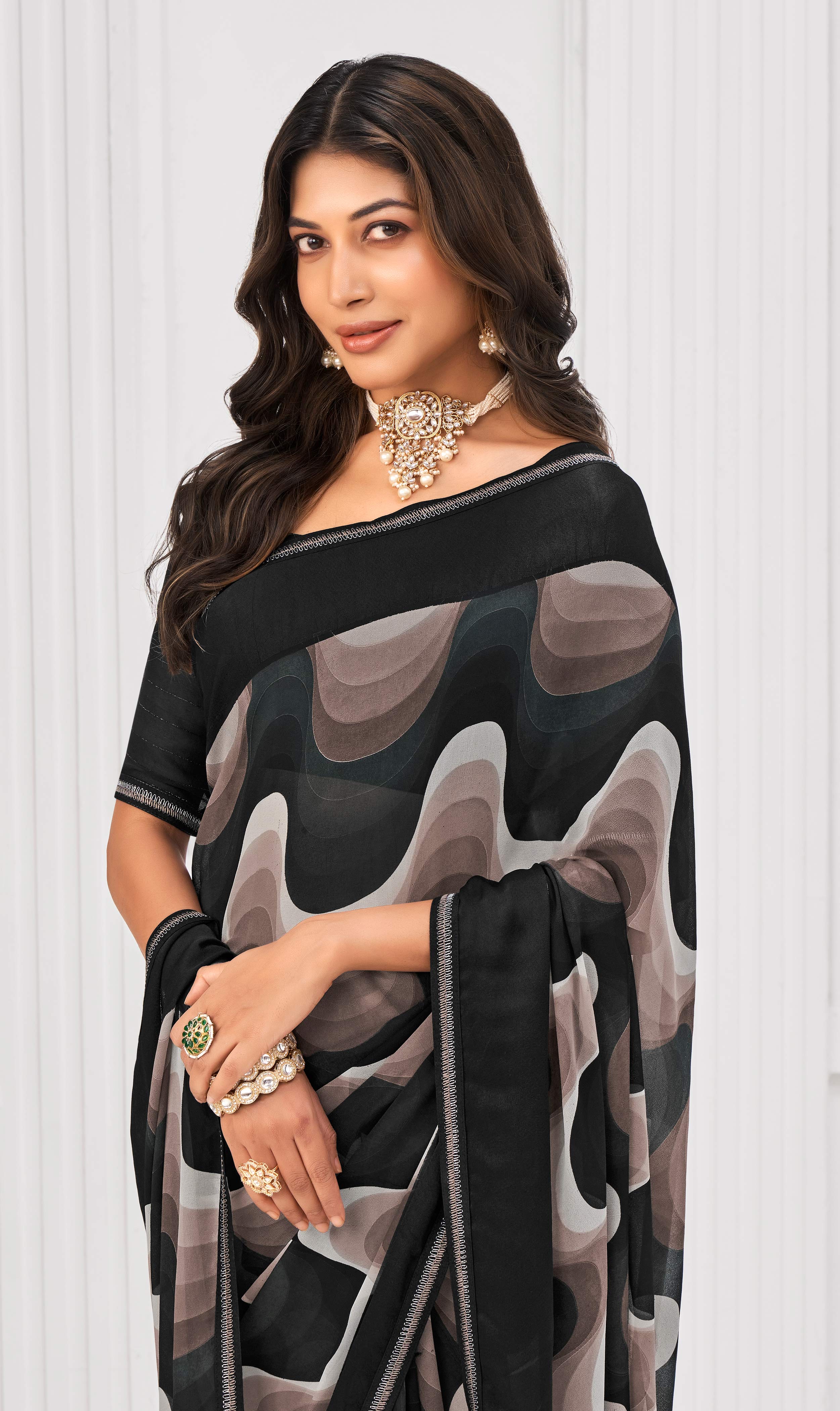 Laxmipati Sitaphal Abstract Printed Georgette Saree in Multicolor with Unstitched Blouse