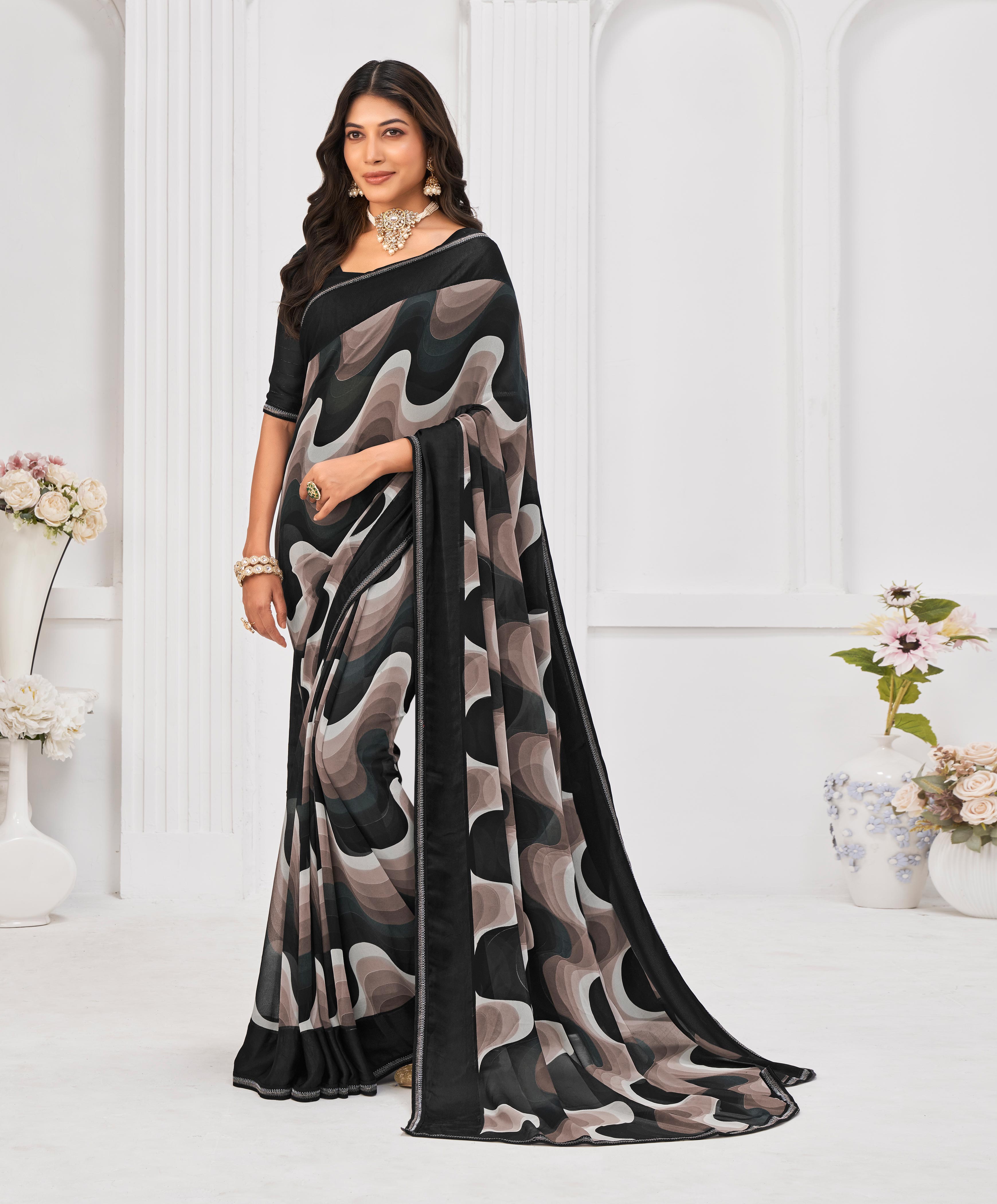 Laxmipati Sitaphal Abstract Printed Georgette Saree in Multicolor with Unstitched Blouse