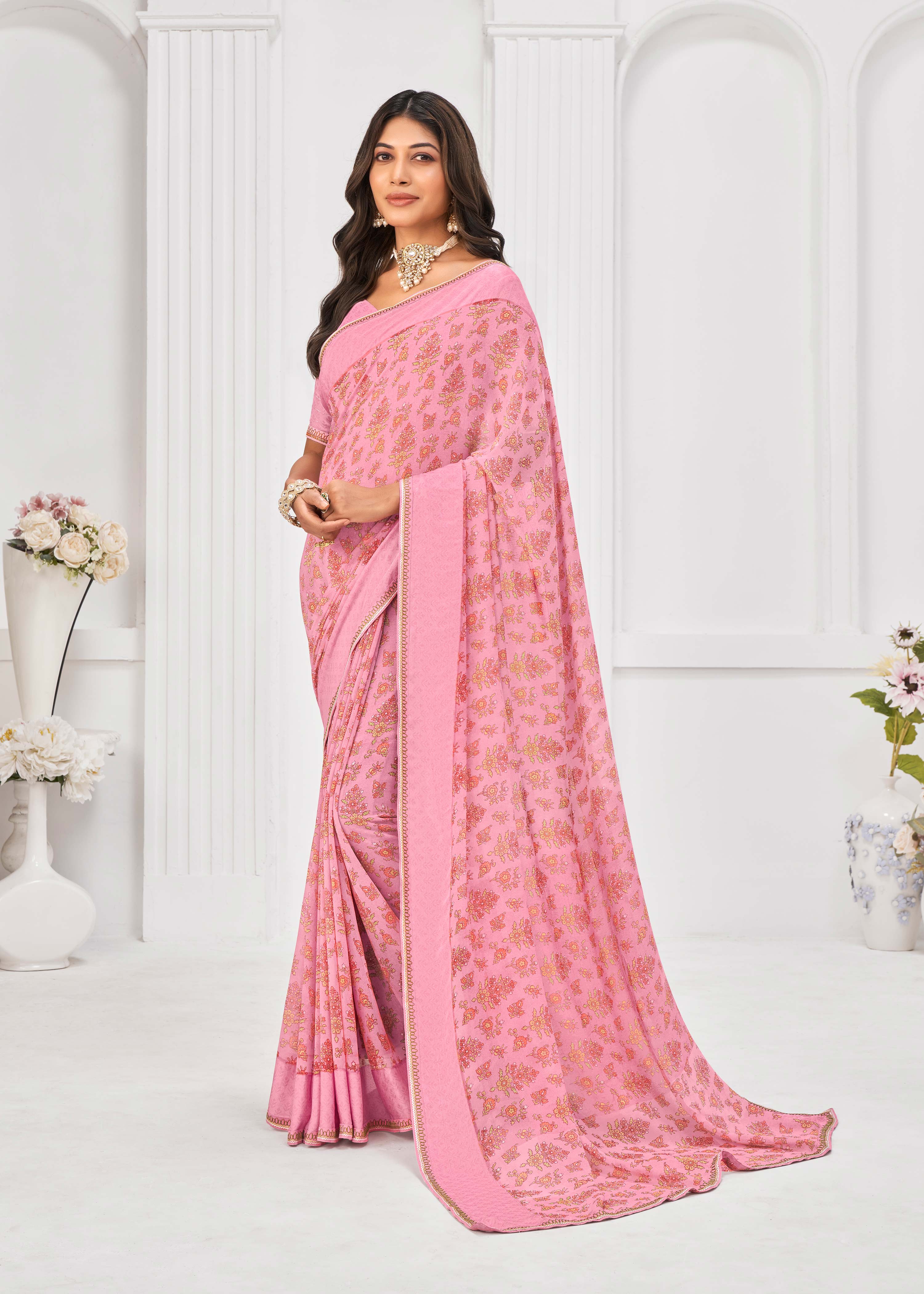 Laxmipati Sitaphal Floral Printed Georgette Saree in Pink Color with Unstitched Blouse