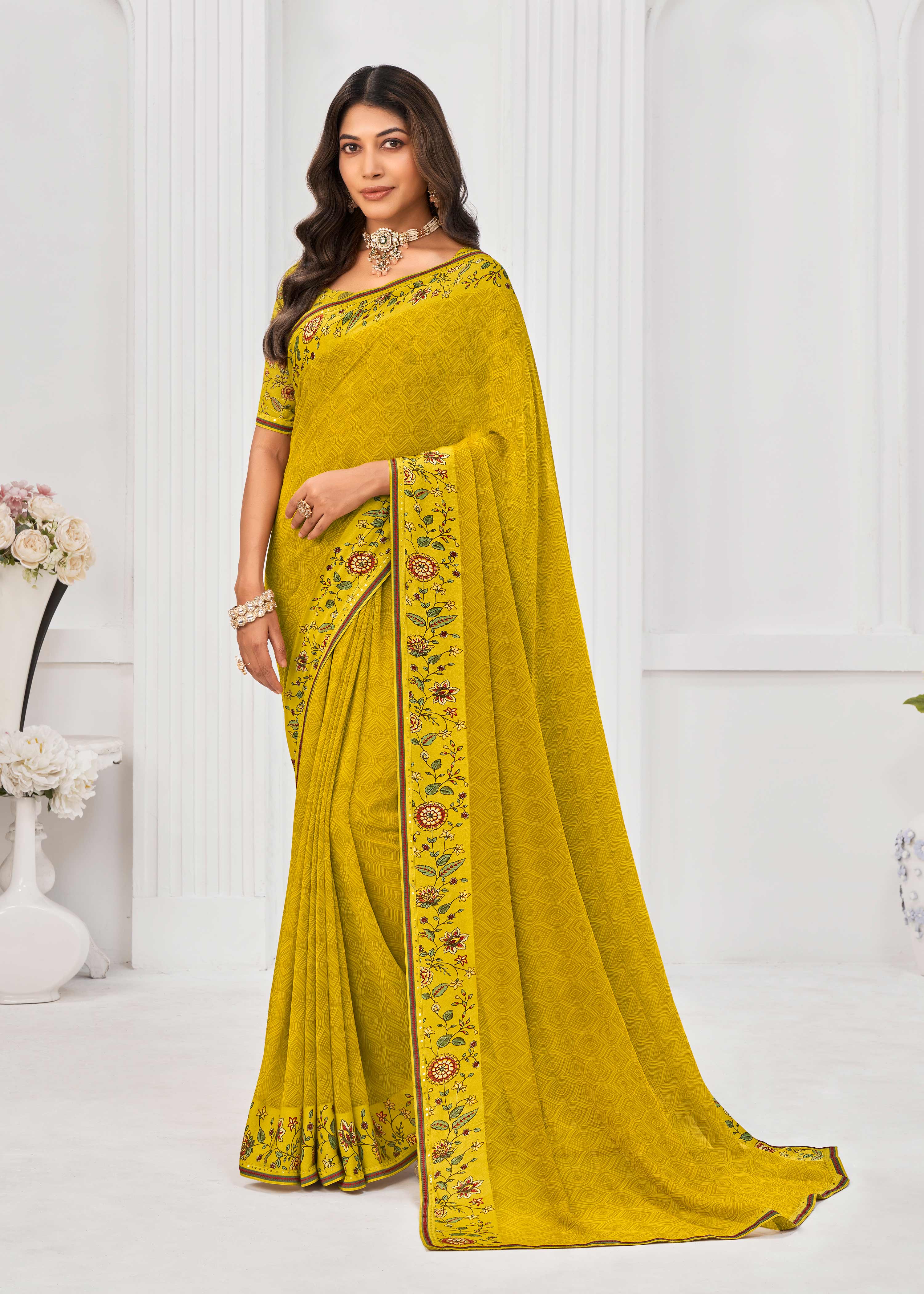 Laxmipati Sitaphal Geometric Printed Georgette Saree in Mustard Color with Unstitched Blouse