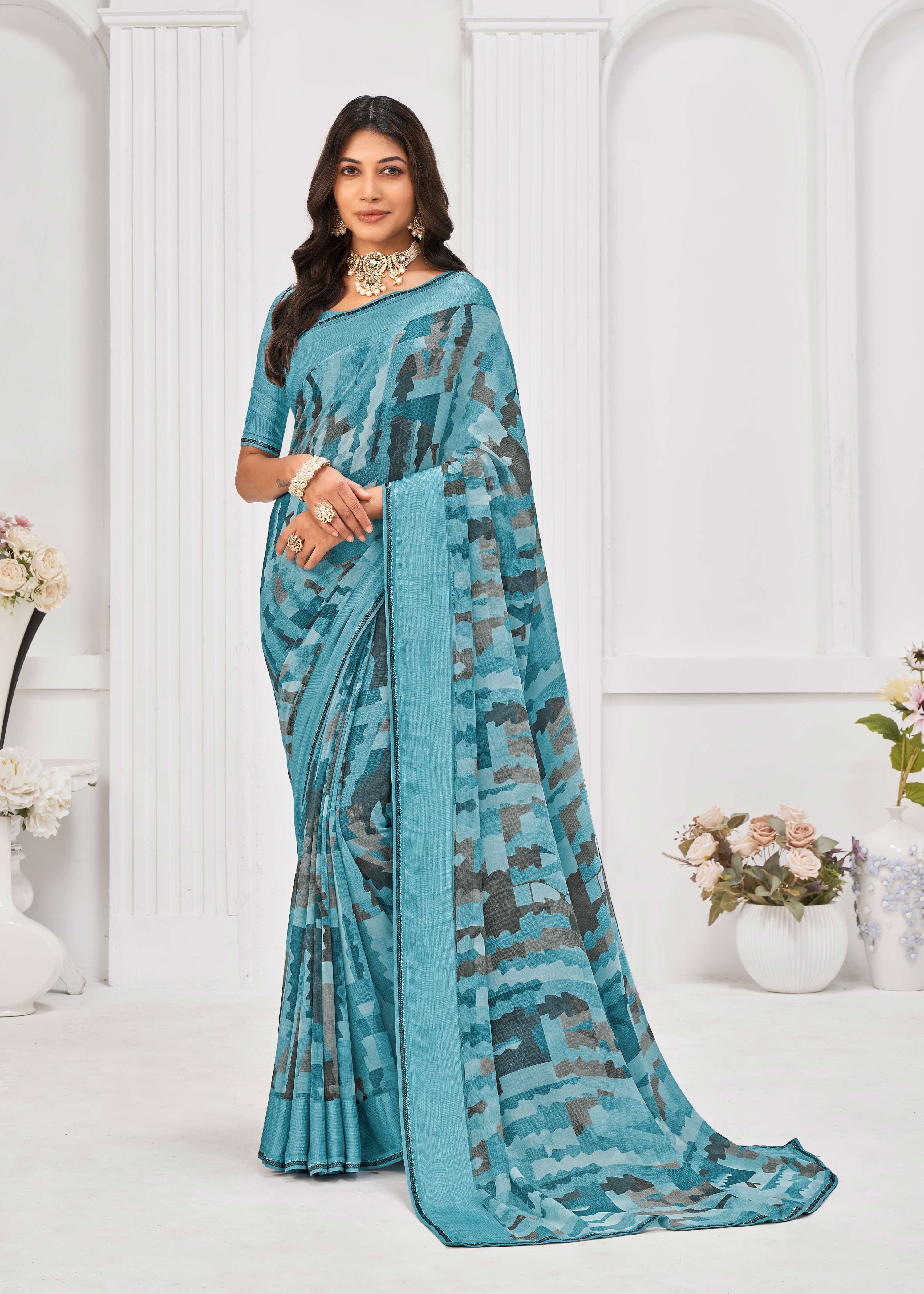Laxmipati Sitaphal Geometric Printed Georgette Saree in Blue Color with Unstitched Blouse