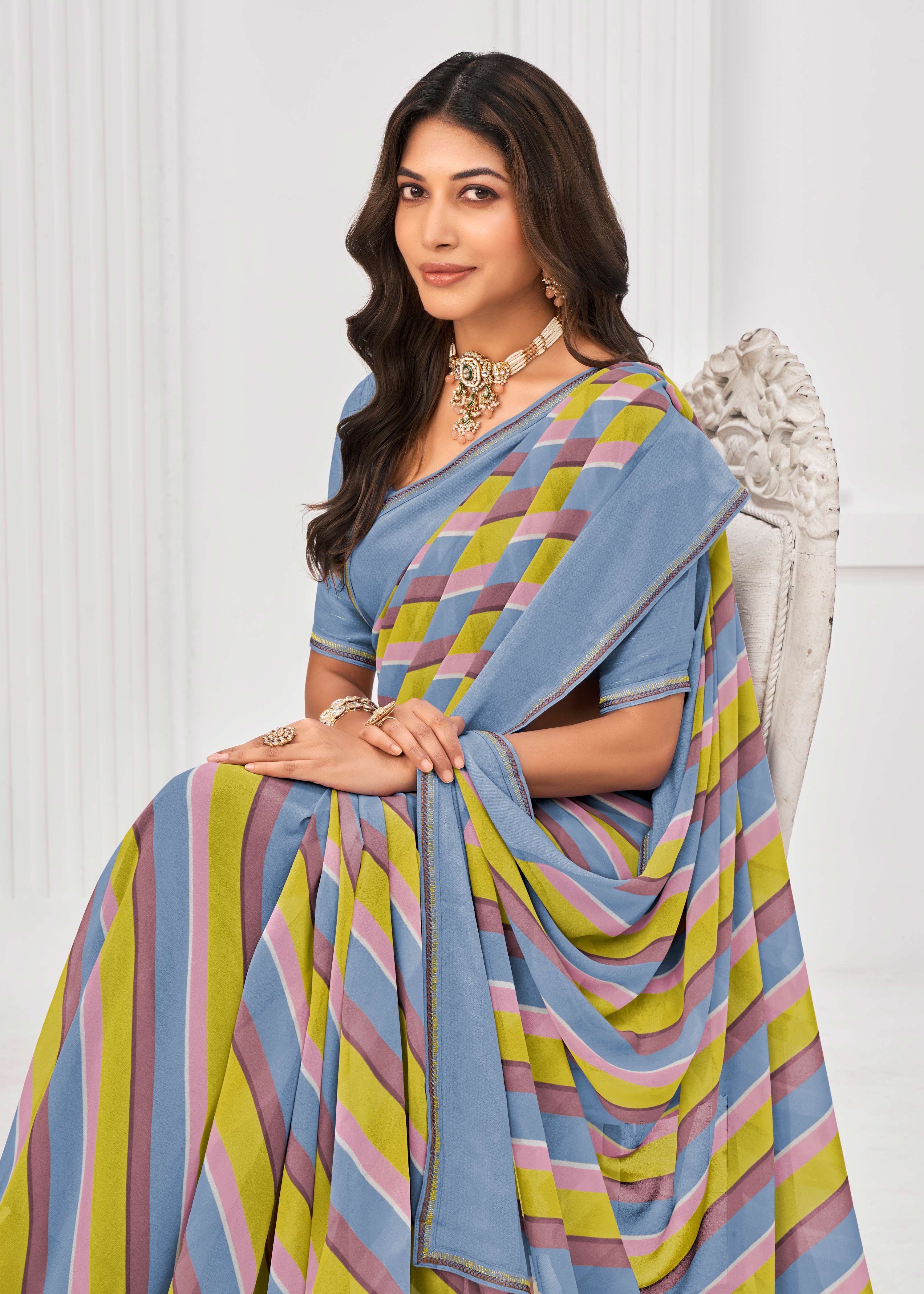 Laxmipati Sitaphal Chevron Printed Georgette Saree in Multicolor with Unstitched Blouse