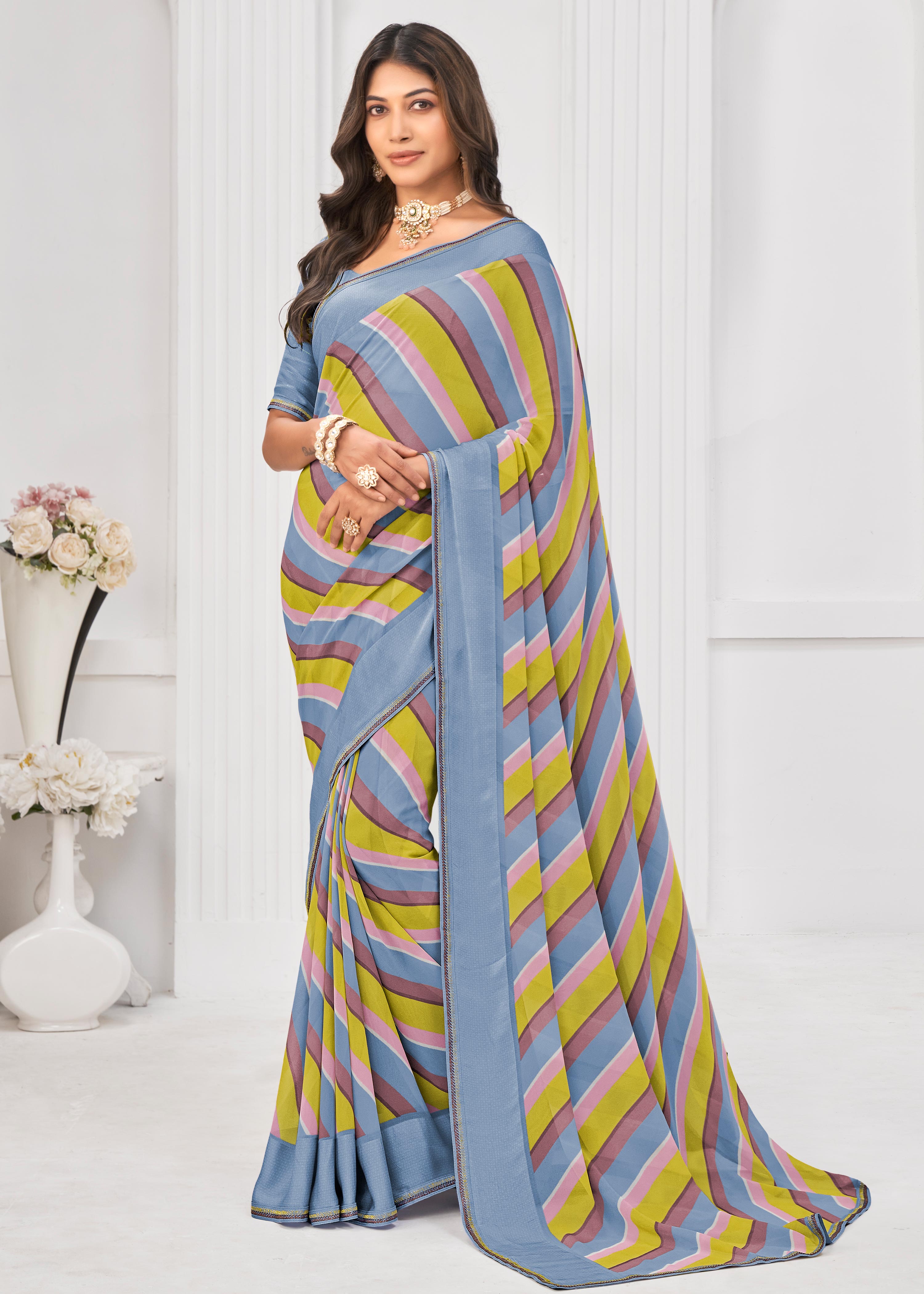 Laxmipati Sitaphal Chevron Printed Georgette Saree in Multicolor with Unstitched Blouse