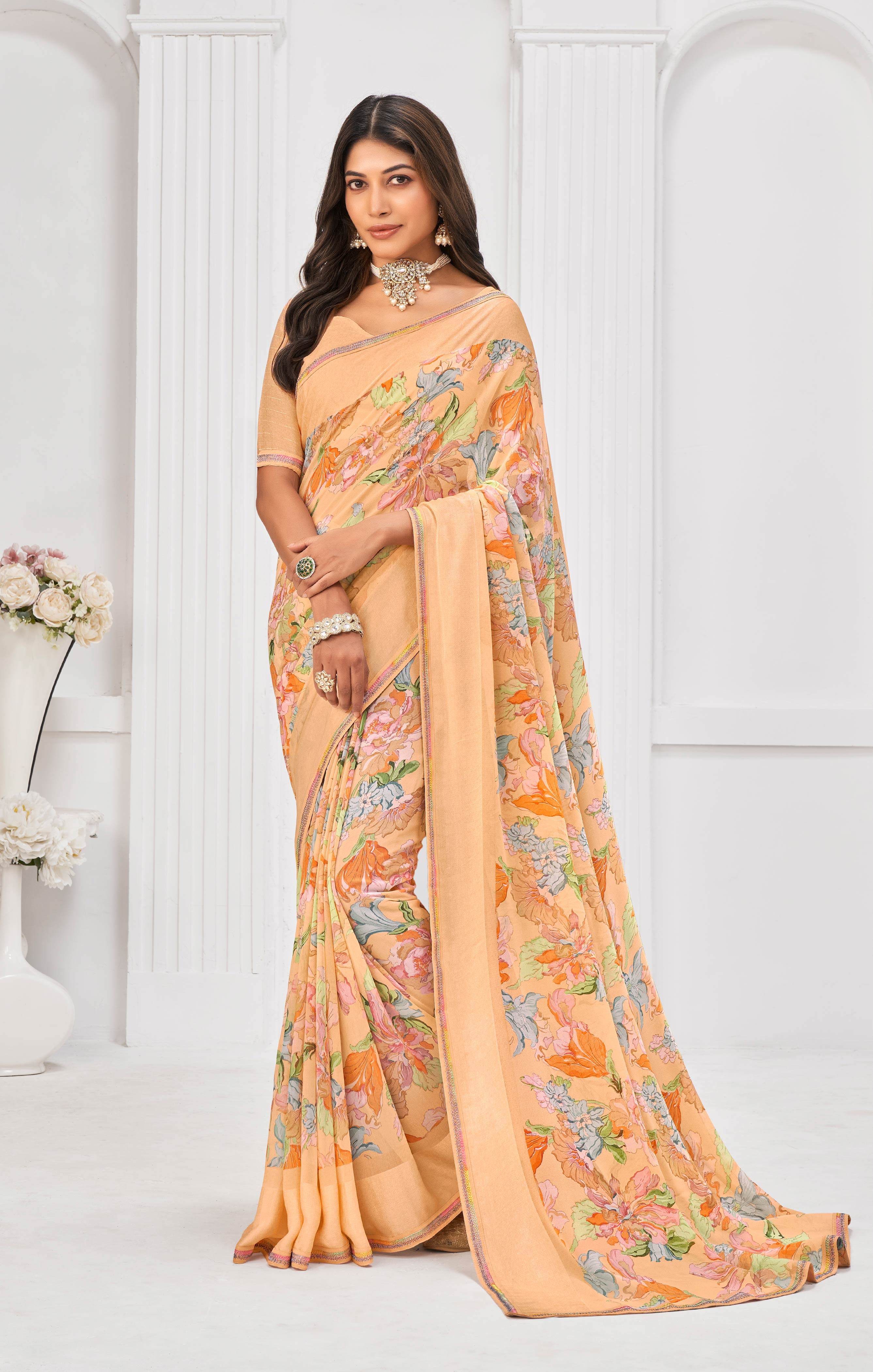 Laxmipati Sitaphal Floral Printed Georgette Saree in Peach Color with Unstitched Blouse