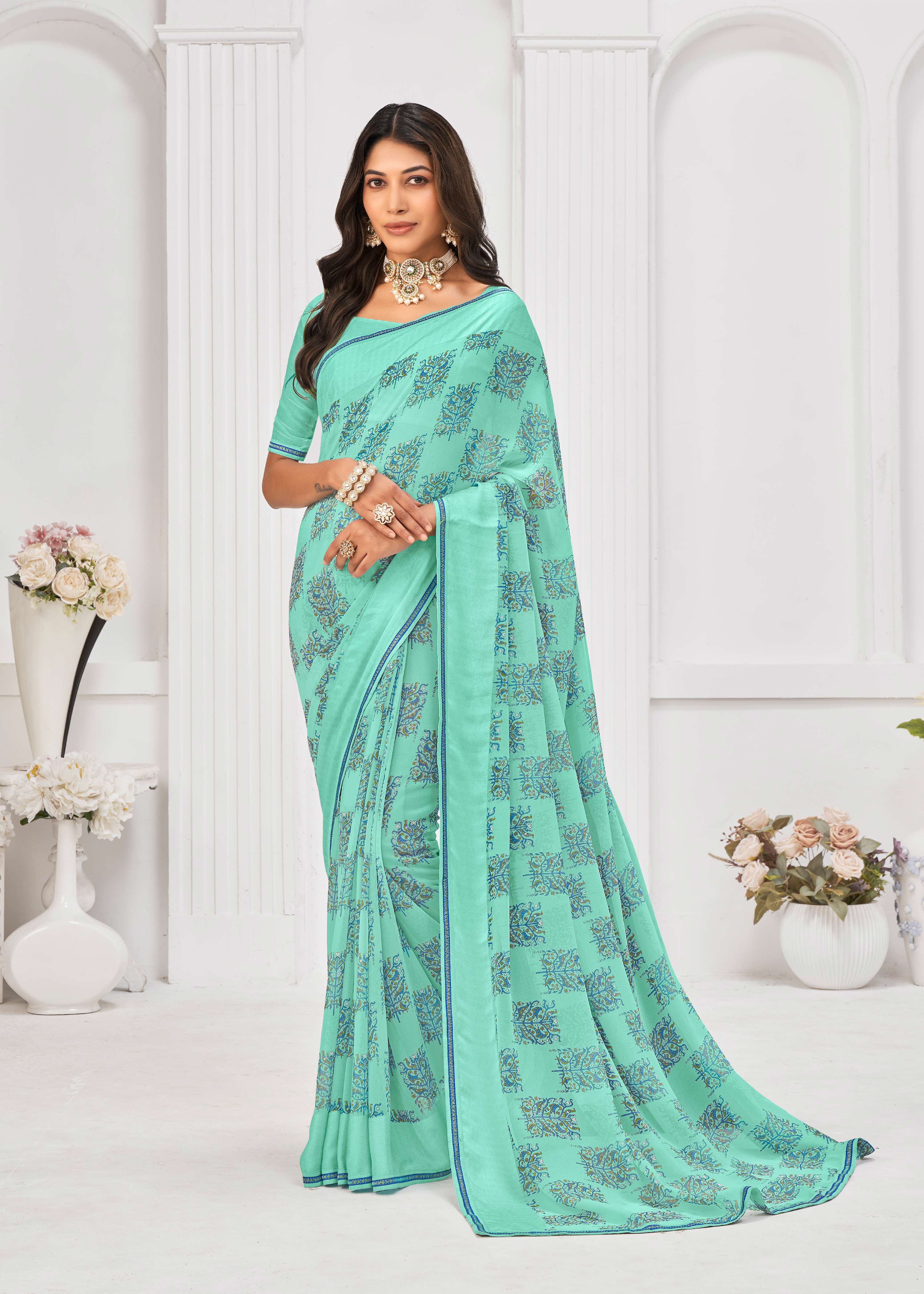 Laxmipati Sitaphal Floral Printed Georgette Saree in Turquoise Blue Color with Unstitched Blouse