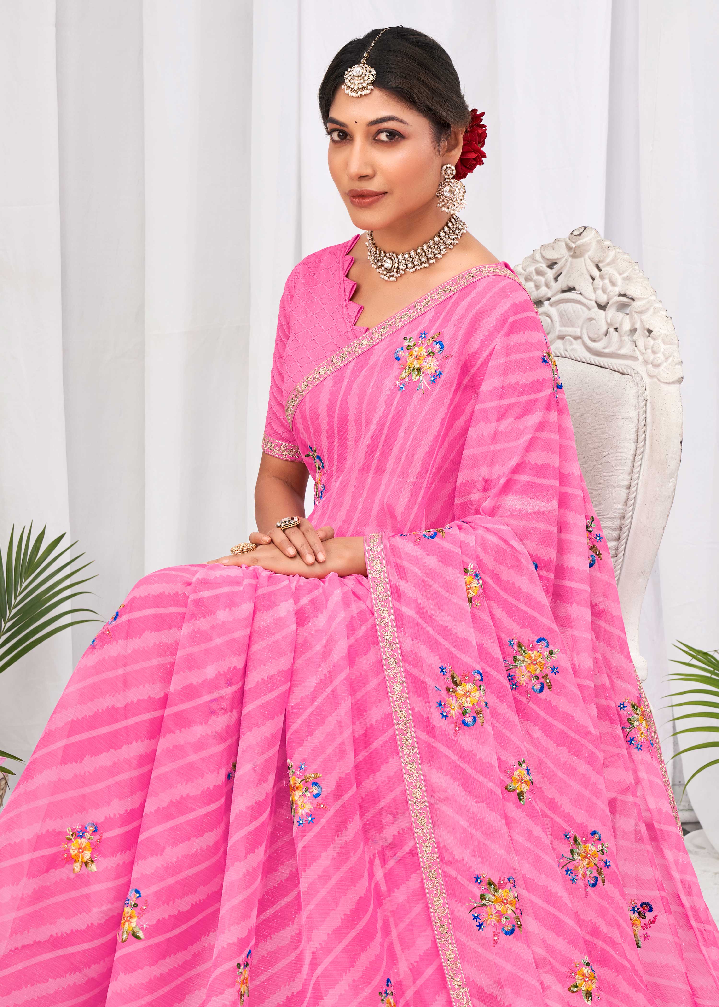 Laxmipati Sushma Floral Embroidered Chiffon Saree in Pink Color with Unstitched Blouse