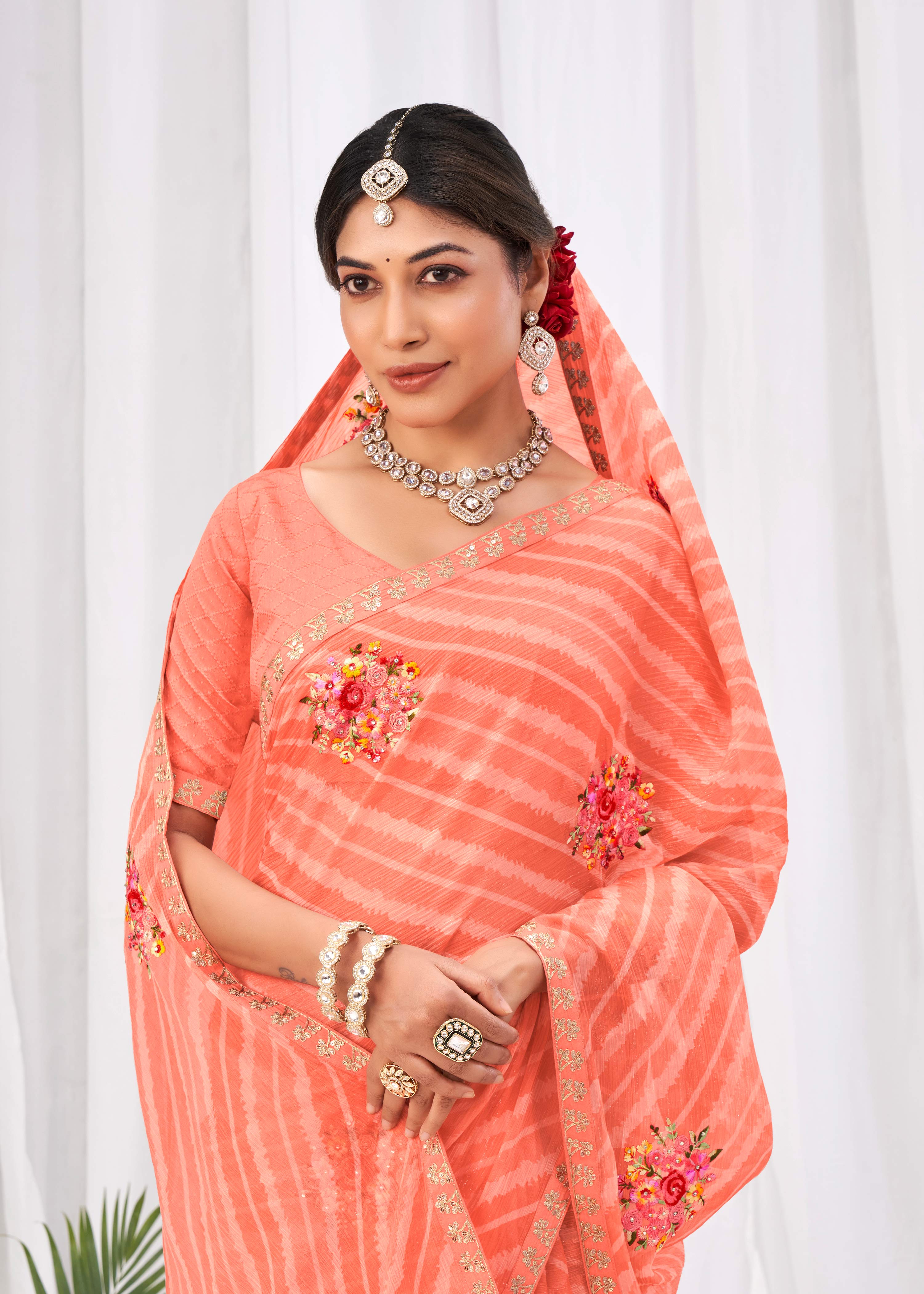 Laxmipati Sushma Floral Embroidered Chiffon Saree in Orange Color with Unstitched Blouse