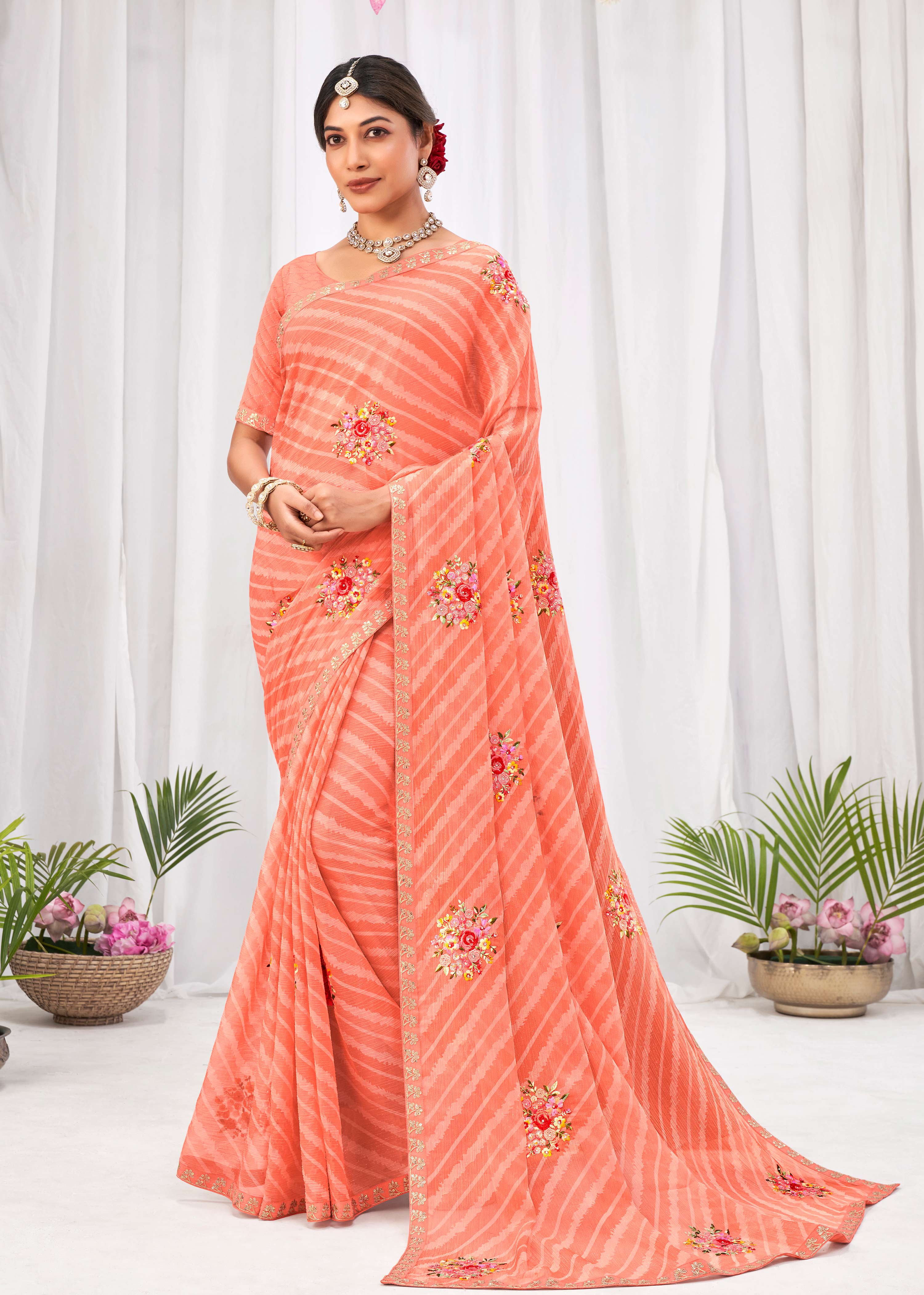 Laxmipati Sushma Floral Embroidered Chiffon Saree in Orange Color with Unstitched Blouse