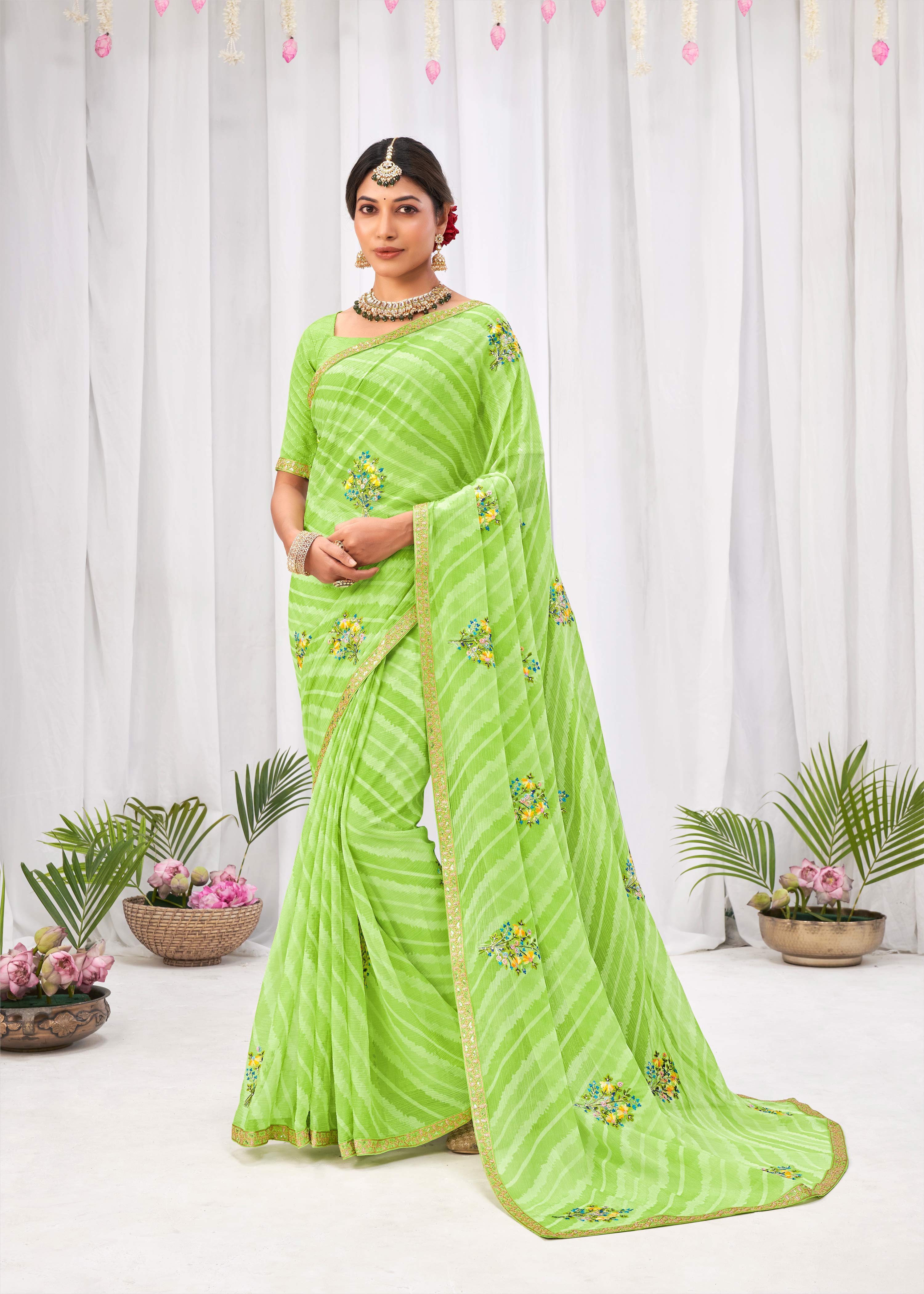Laxmipati Sushma Floral Embroidered Chiffon Saree in Green Color with Unstitched Blouse