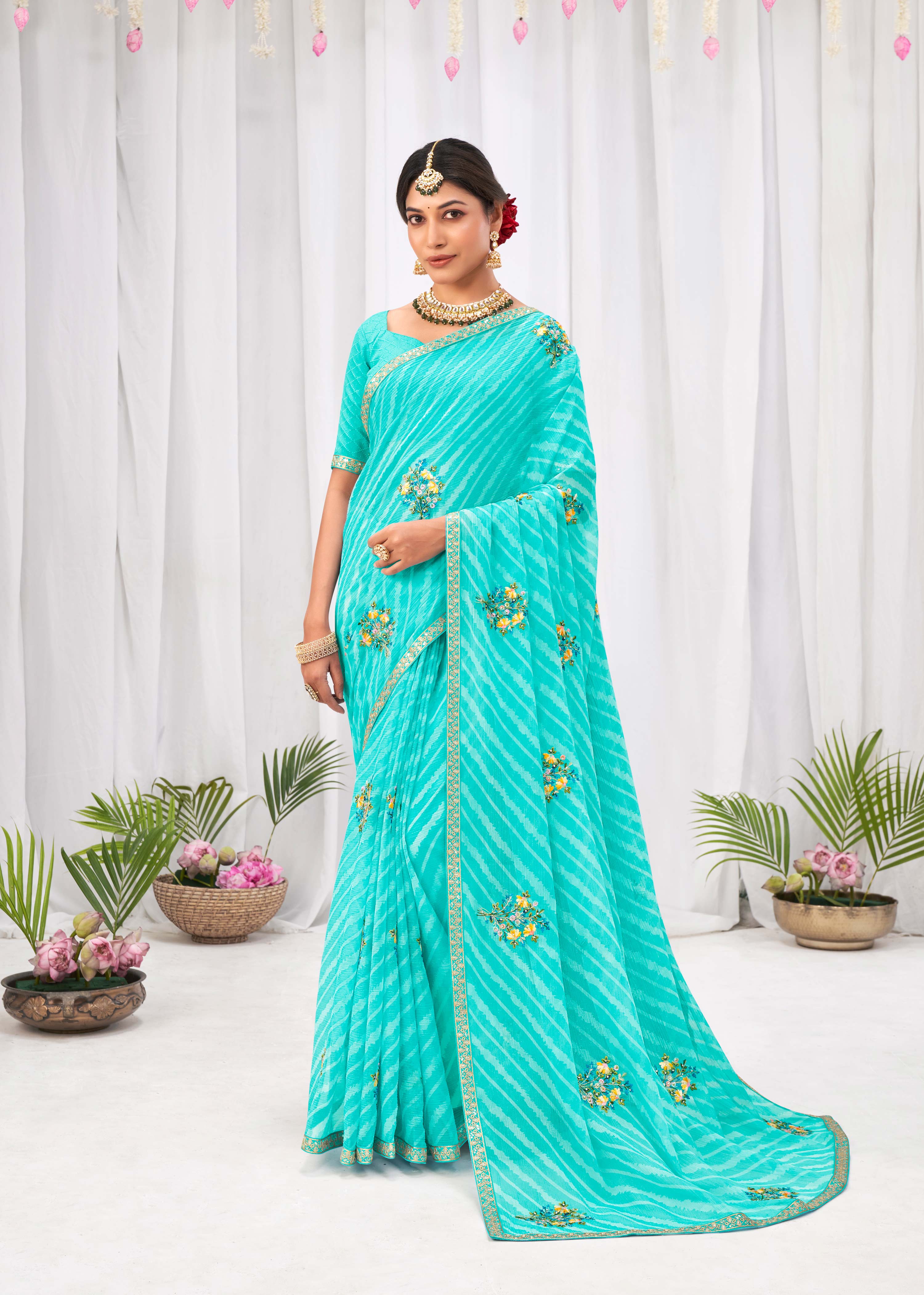 Laxmipati Sushma Floral Embroidered Chiffon Saree in Turquoise Blue Color with Unstitched Blouse