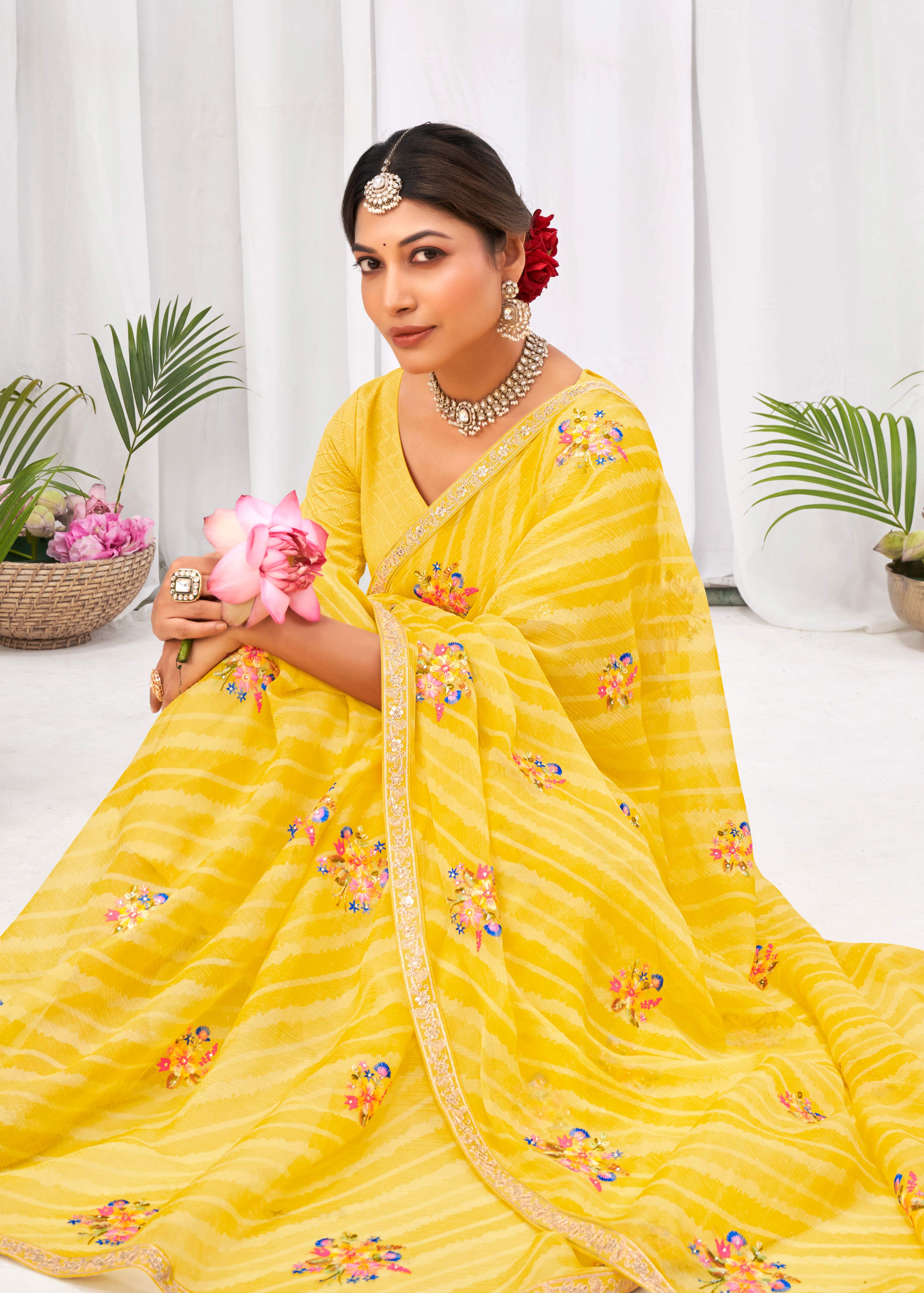 Laxmipati Sushma Floral Embroidered Chiffon Saree in Yellow Color with Unstitched Blouse