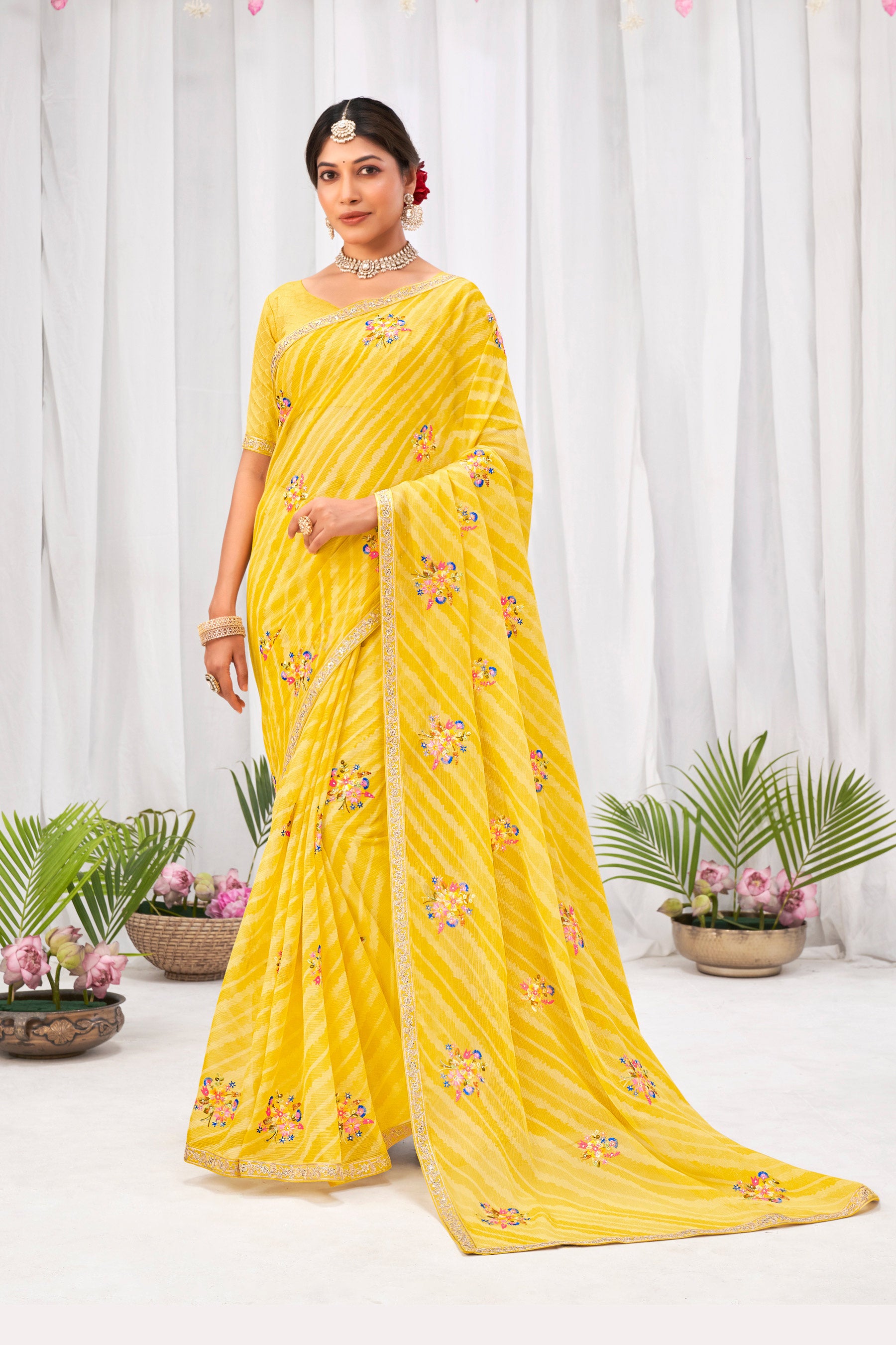Laxmipati Sushma Floral Embroidered Chiffon Saree in Yellow Color with Unstitched Blouse