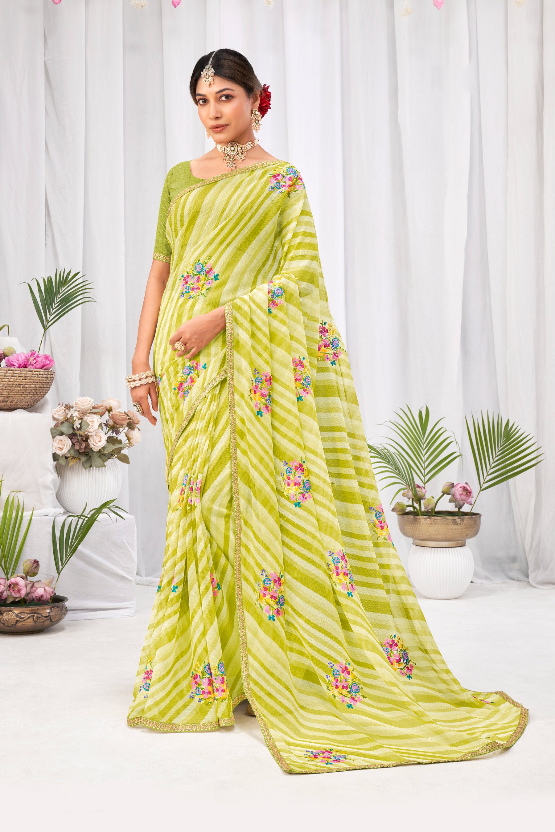 Laxmipati Neha Leheriya Printed along with Floral Embroidered Chiffon Saree in Olive Green Color