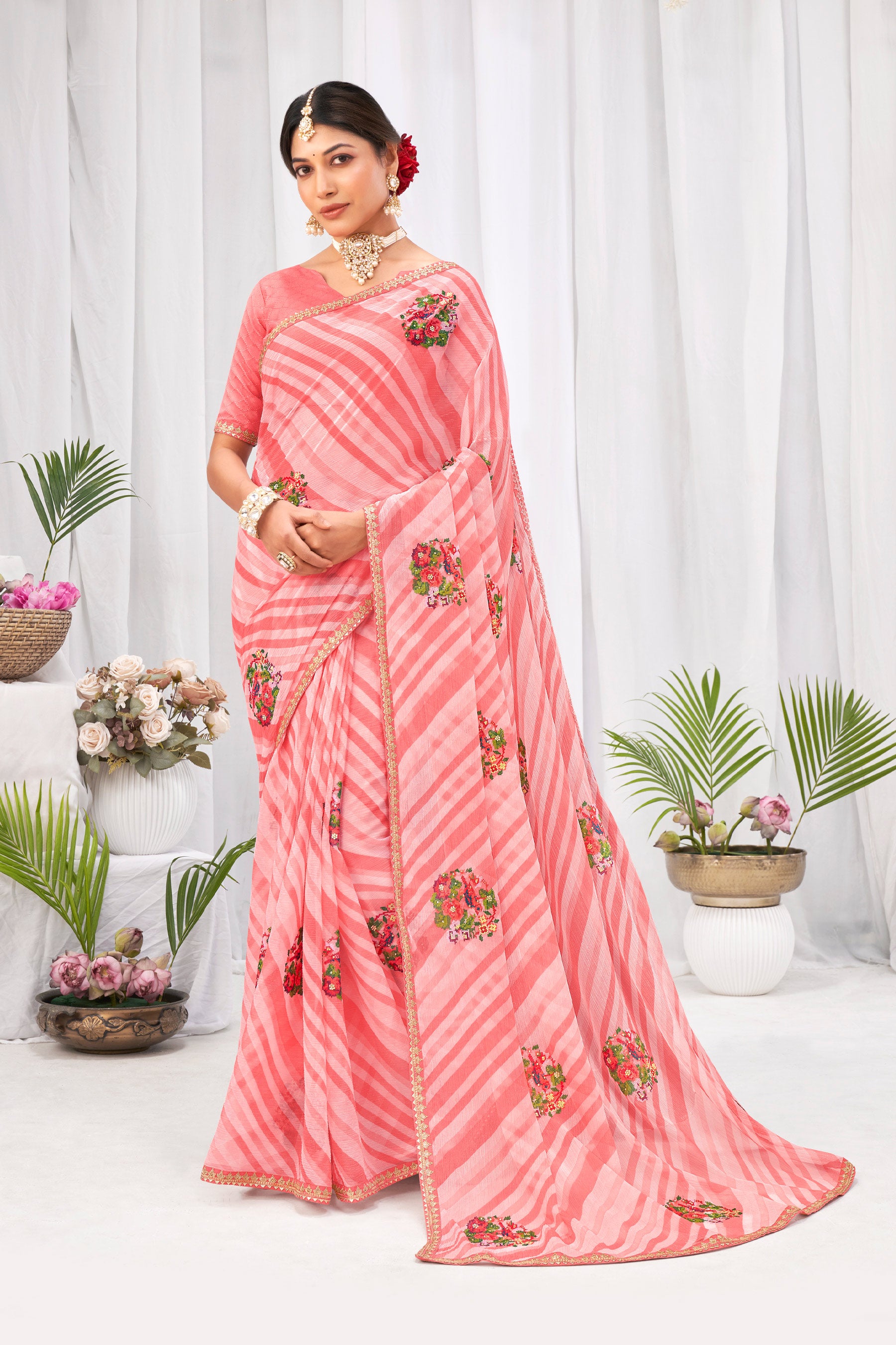 Laxmipati Neha Leheriya Printed along with Floral Embroidered Chiffon Saree in Peach Color