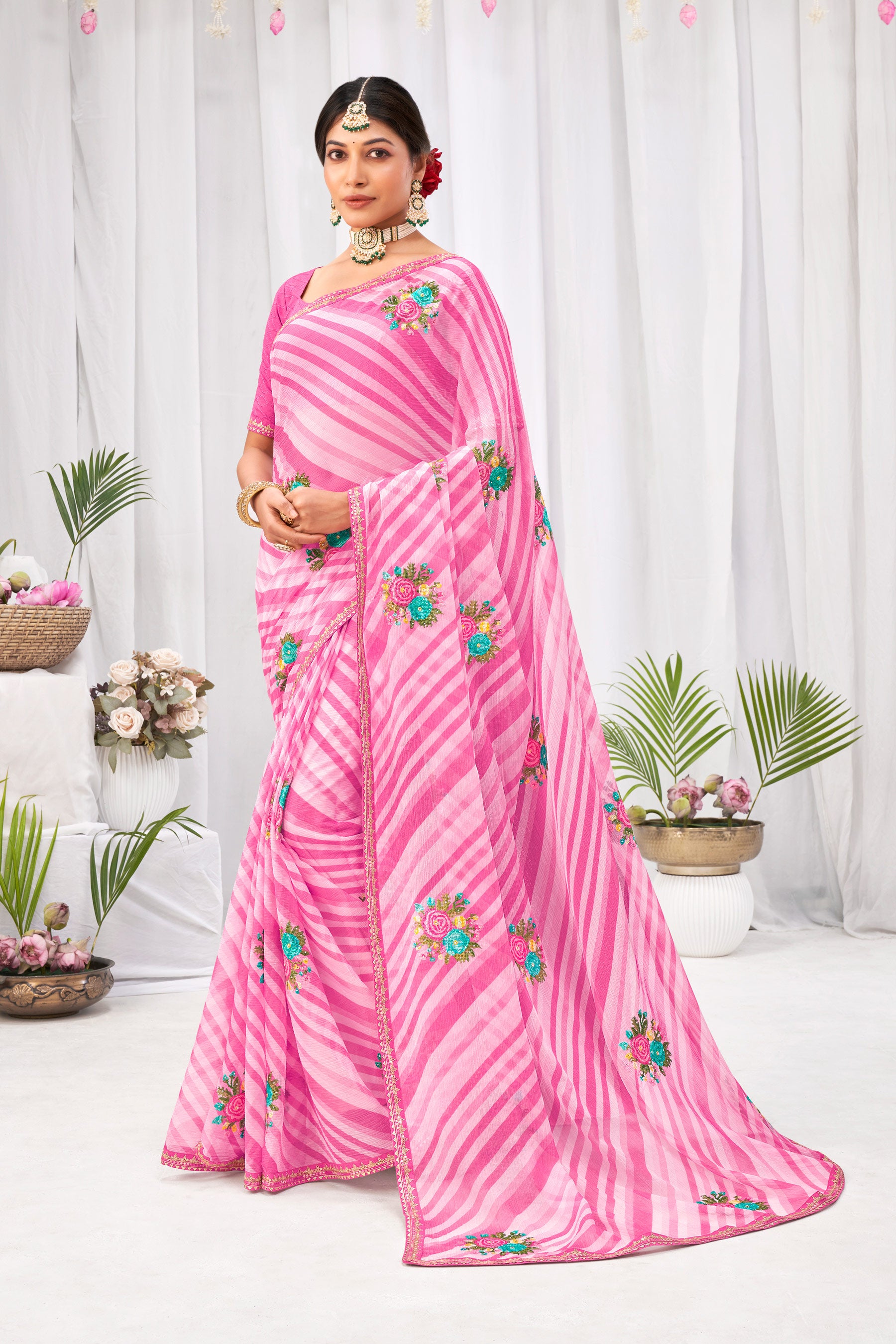 Laxmipati Neha Leheriya Printed along with Floral Embroidered Chiffon Saree in Pink Color