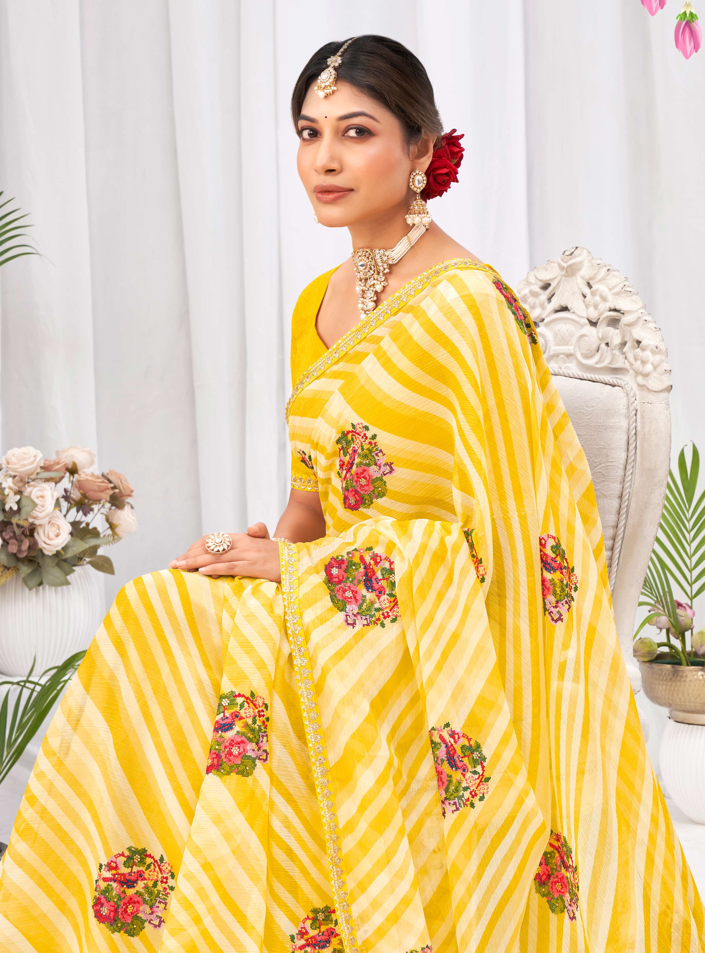 Laxmipati Neha Leheriya Printed along with Floral Embroidered Chiffon Saree in Yellow Color