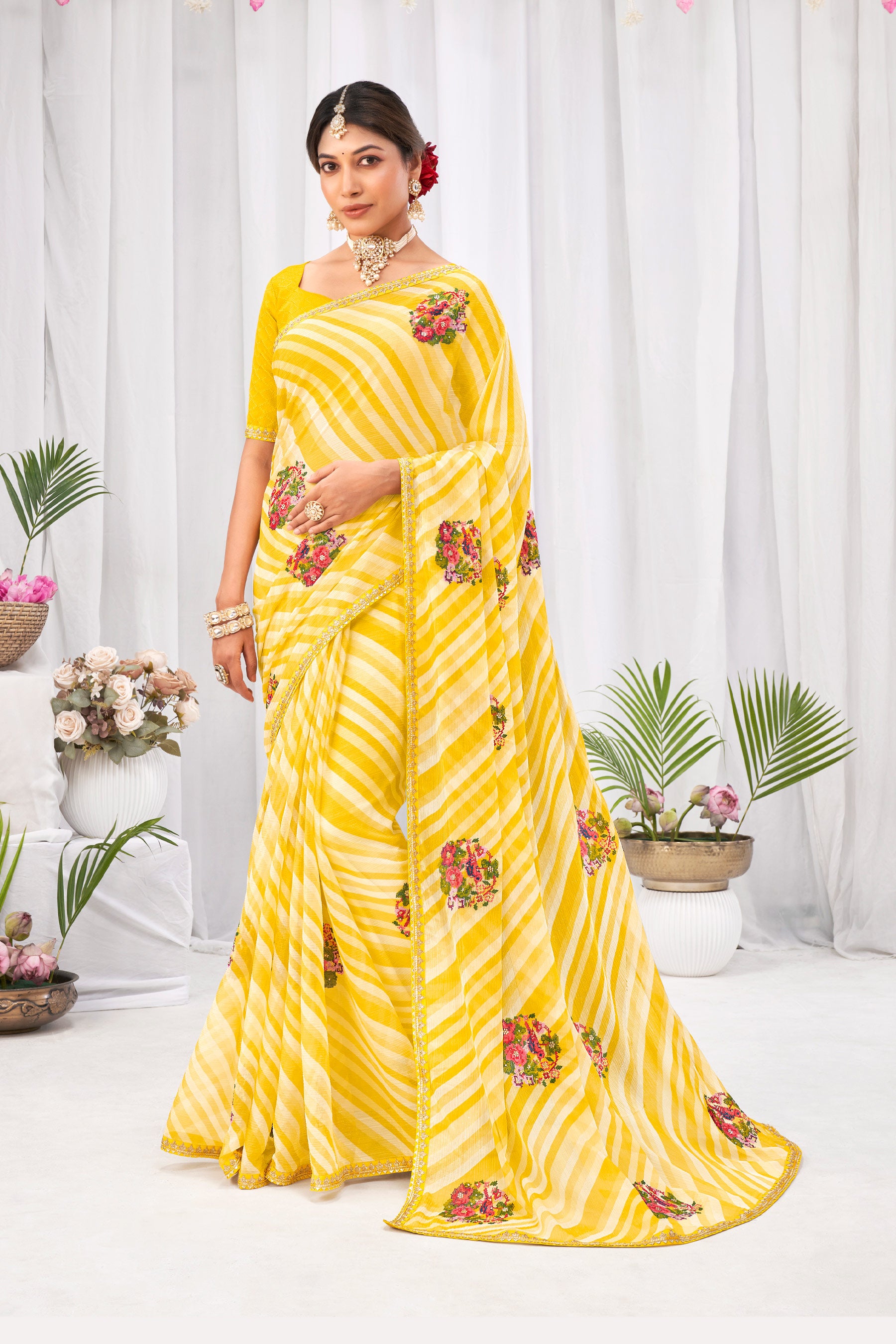 Laxmipati Neha Leheriya Printed along with Floral Embroidered Chiffon Saree in Yellow Color