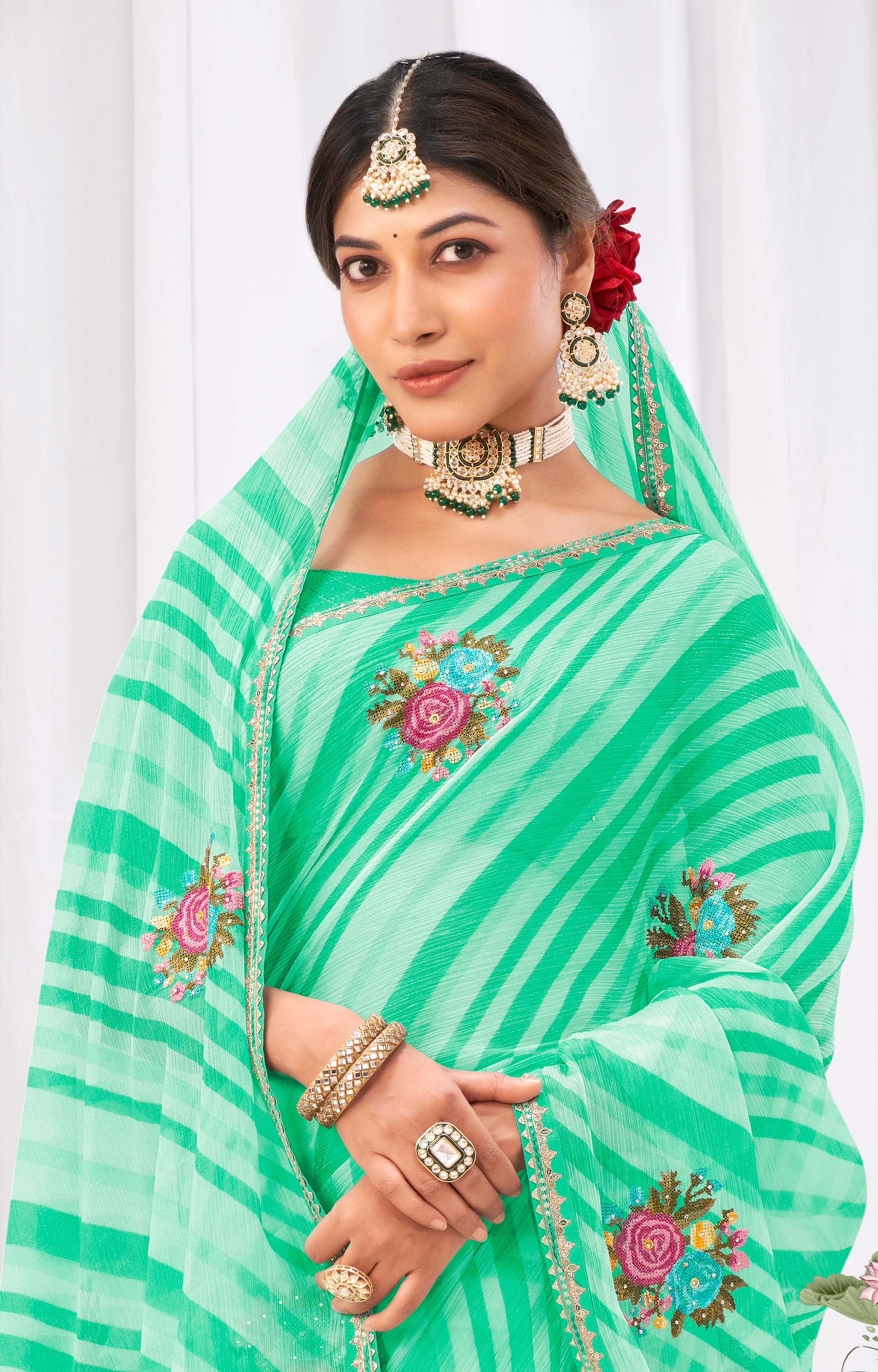 Laxmipati Neha Leheriya Printed along with Floral Embroidered Chiffon Saree in Green Color