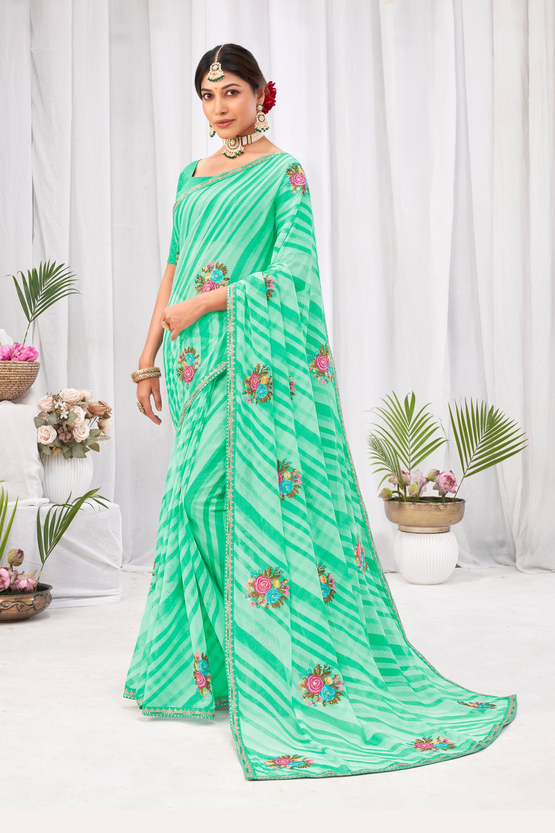 Laxmipati Neha Leheriya Printed along with Floral Embroidered Chiffon Saree in Green Color