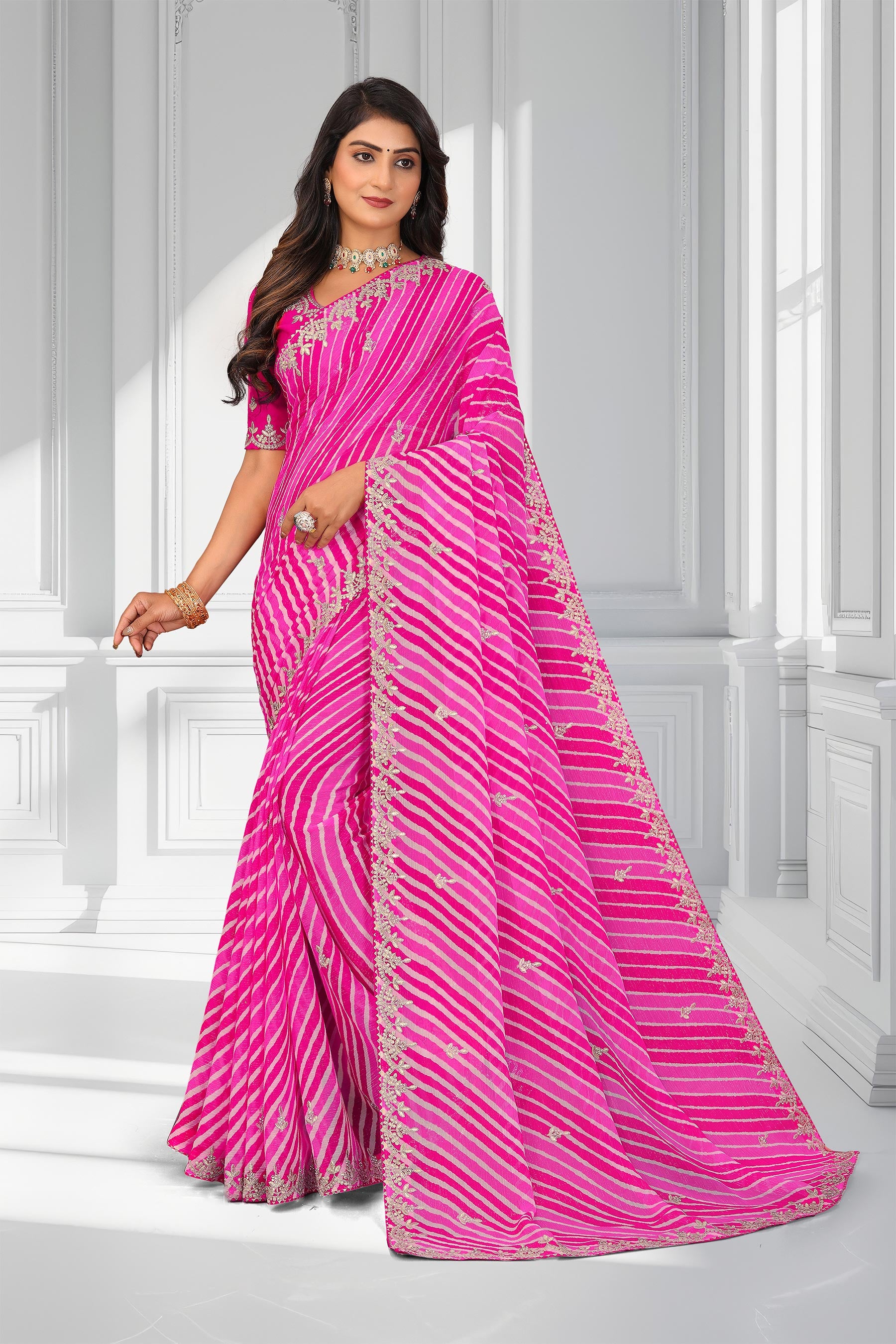 Laxmipati Leheriya Printed along with Floral Zari Work Chiffon Saree in Pink Color with Unstitched Blouse