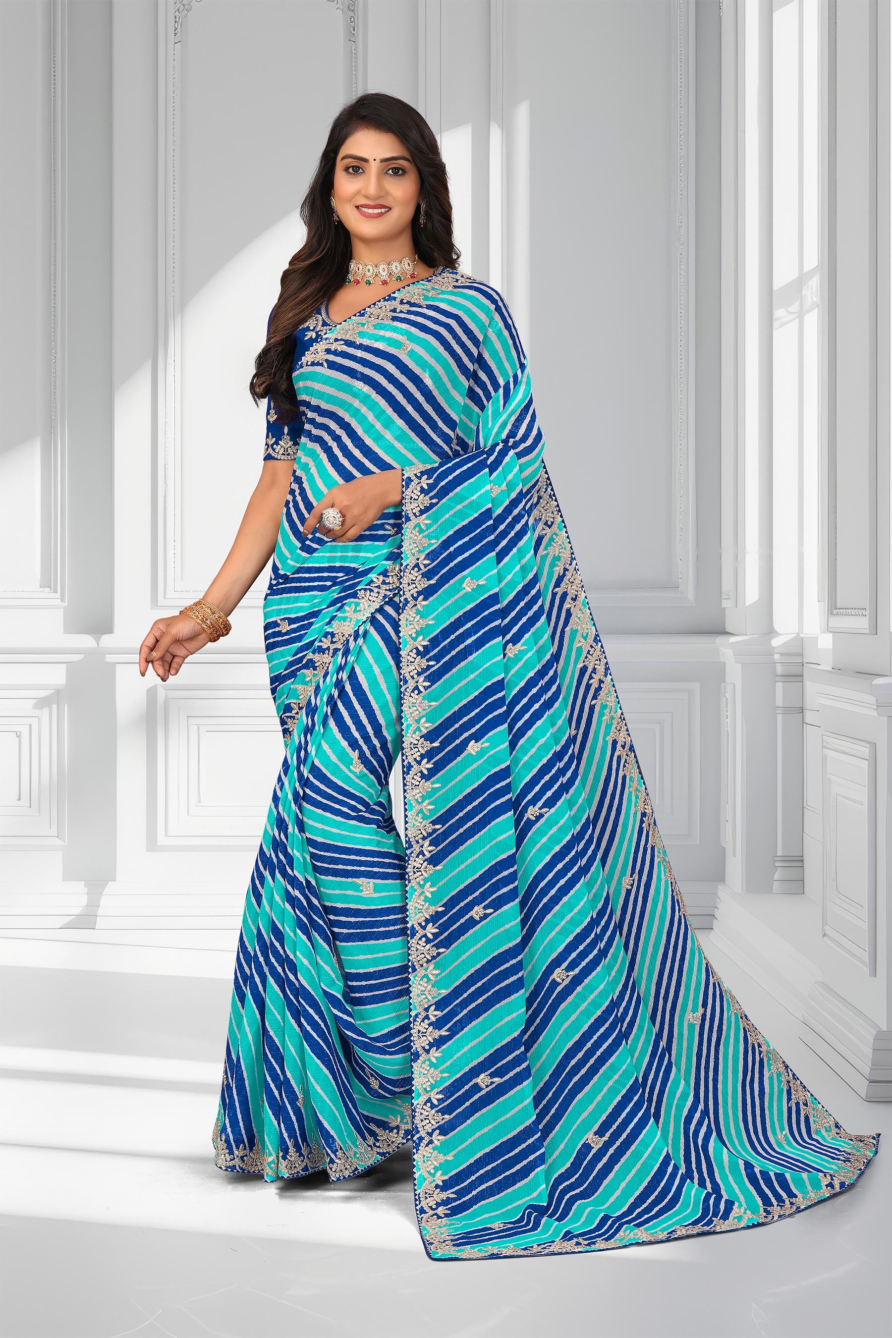 Laxmipati Leheriya Printed along with Floral Zari Work Chiffon Saree in Blue Color with Unstitched Blouse