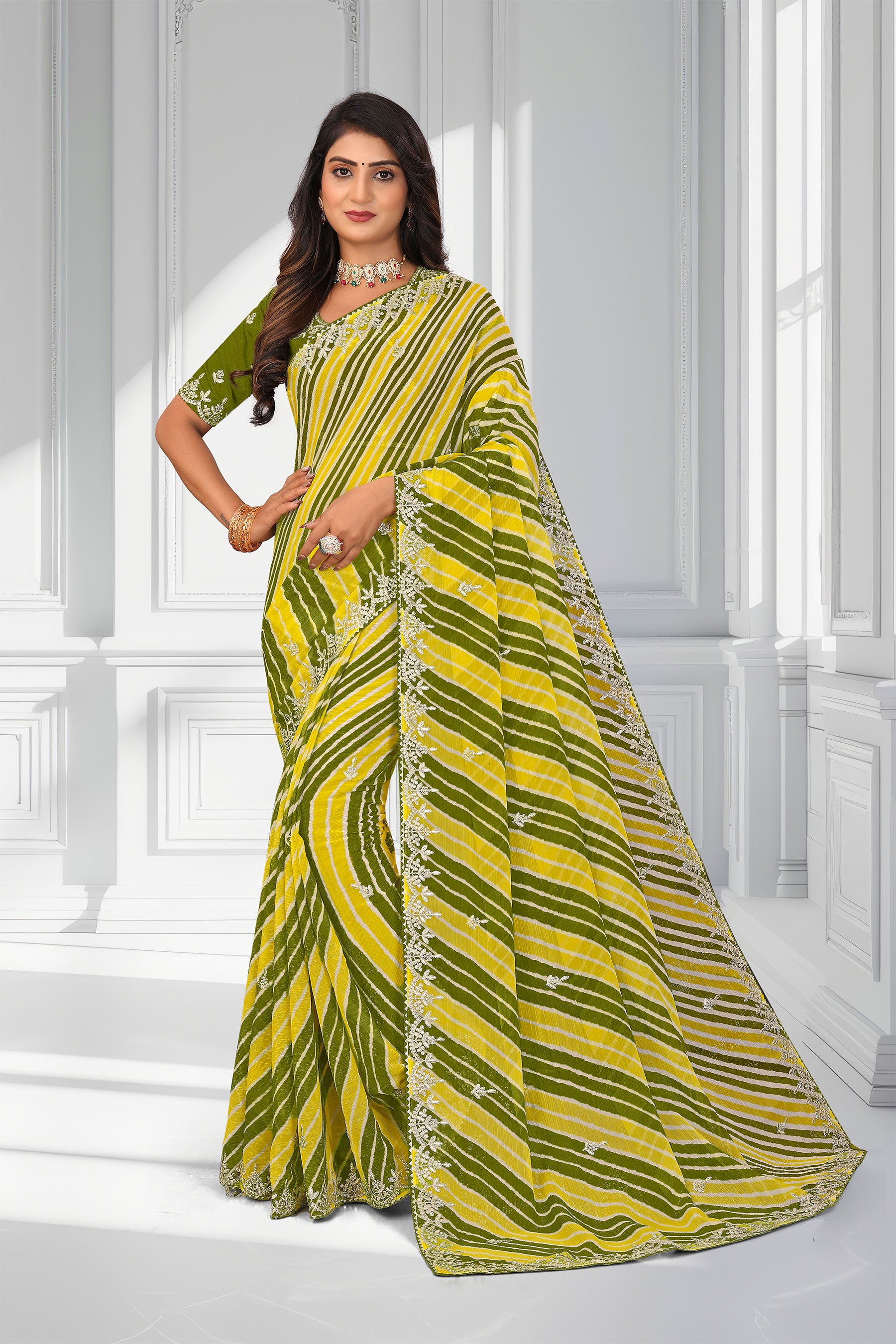 Laxmipati Leheriya Printed along with Floral Zari Work Chiffon Saree in Lime Yellow Color with Unstitched Blouse