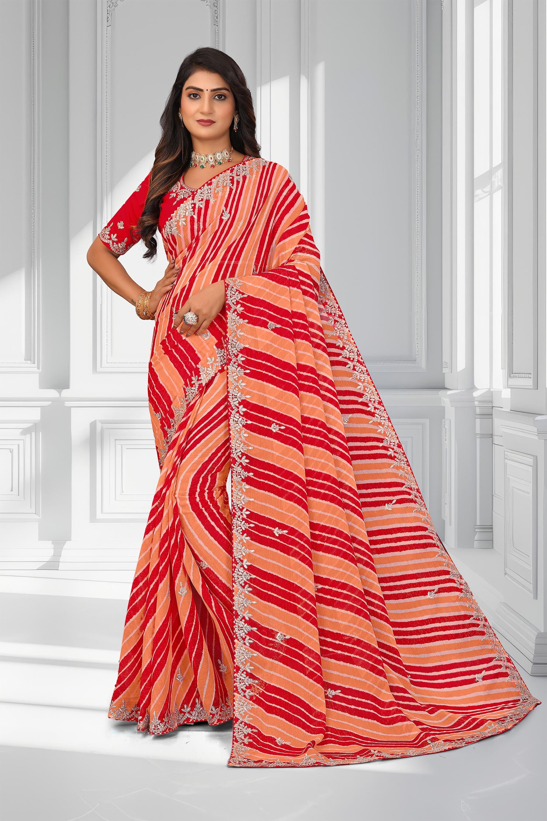 Laxmipati Leheriya Printed along with Floral Zari Work Chiffon Saree in Peach Color with Unstitched Blouse