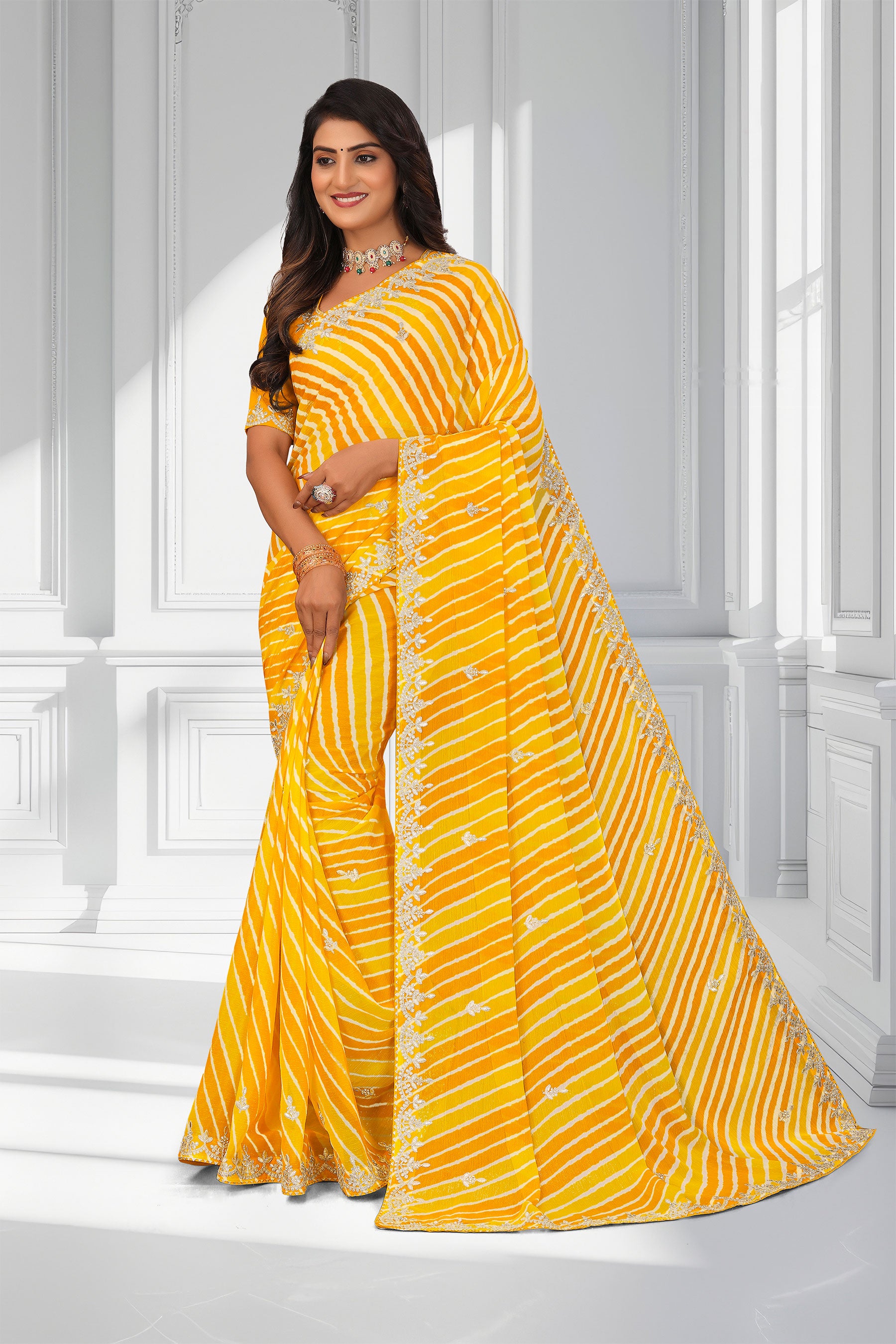 Laxmipati Leheriya Printed along with Floral Zari Work Chiffon Saree in Yellow Color with Unstitched Blouse