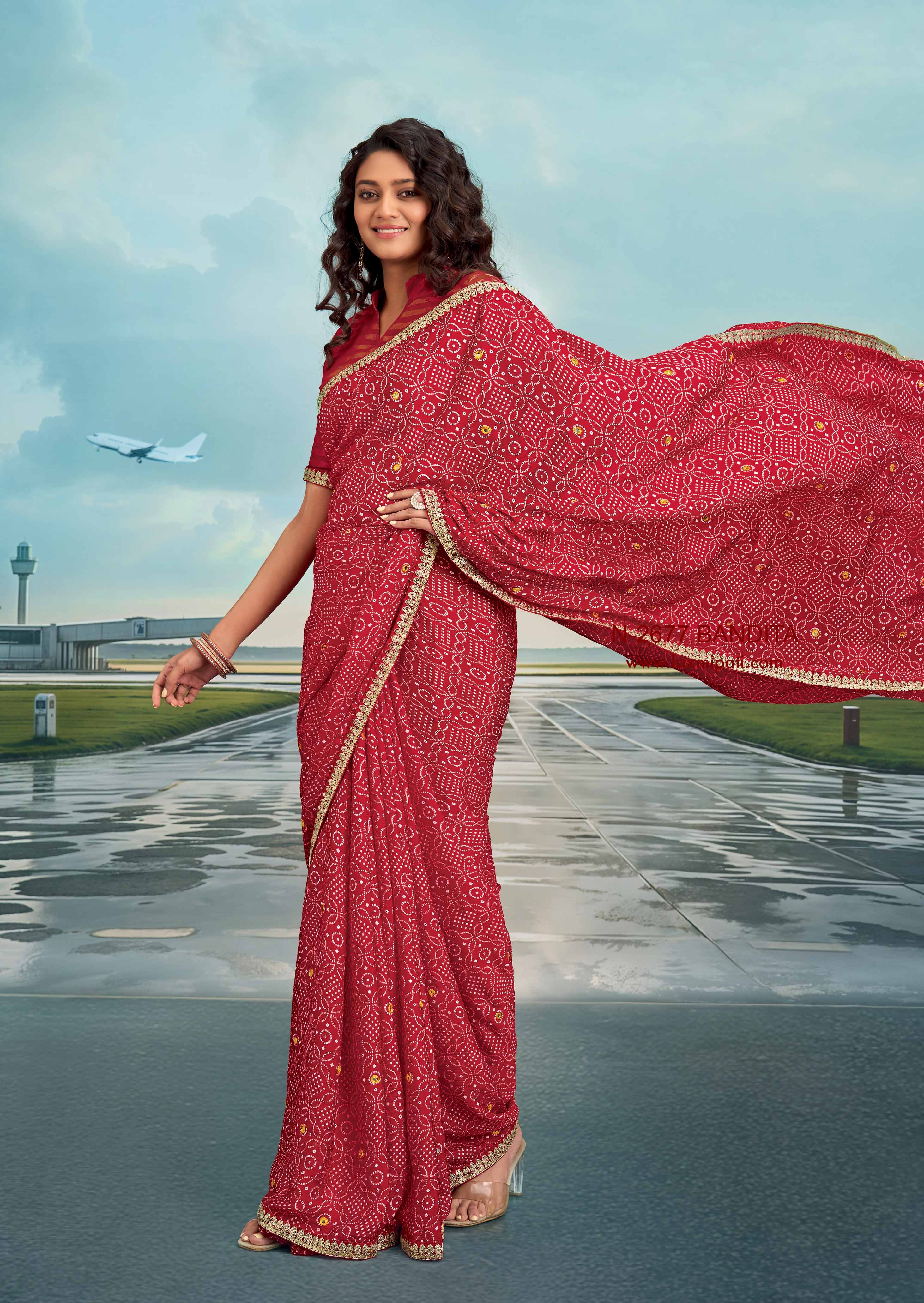Laxmipati Raadhika Red Bandhani Print Chiffon Saree