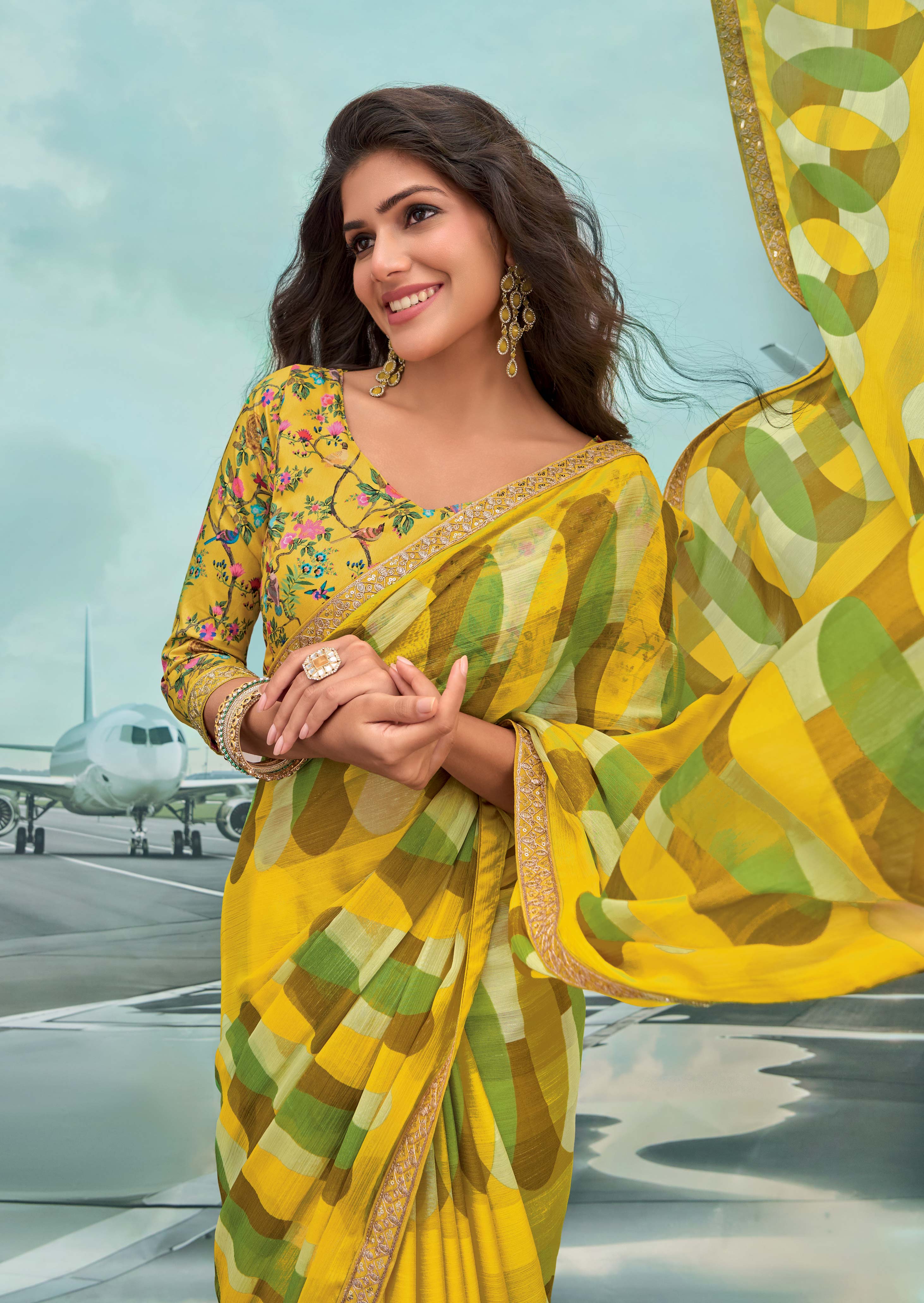Laxmipati Raadhika Yellow Abstract Geometric Print Chiffon Saree