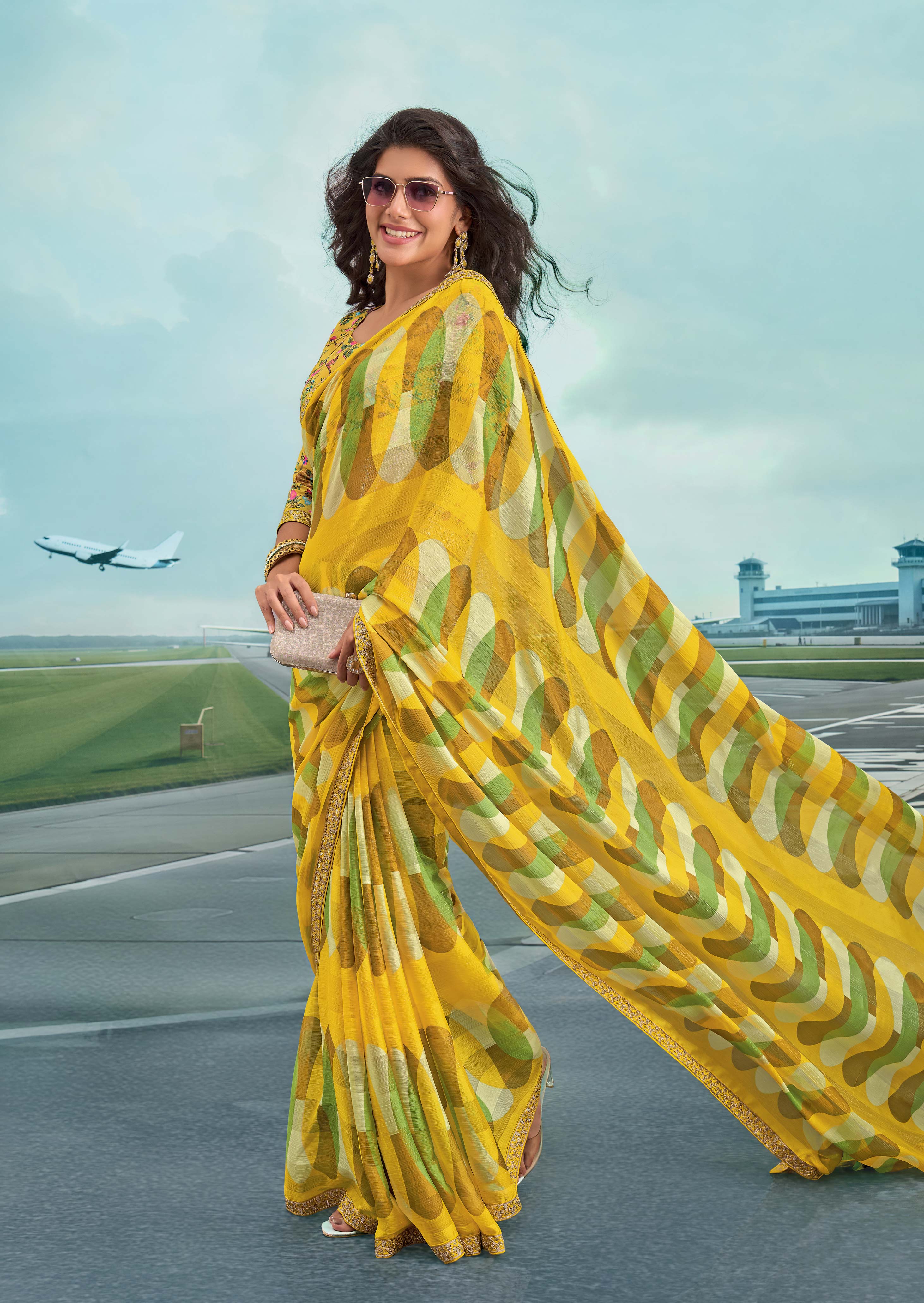 Laxmipati Raadhika Yellow Abstract Geometric Print Chiffon Saree