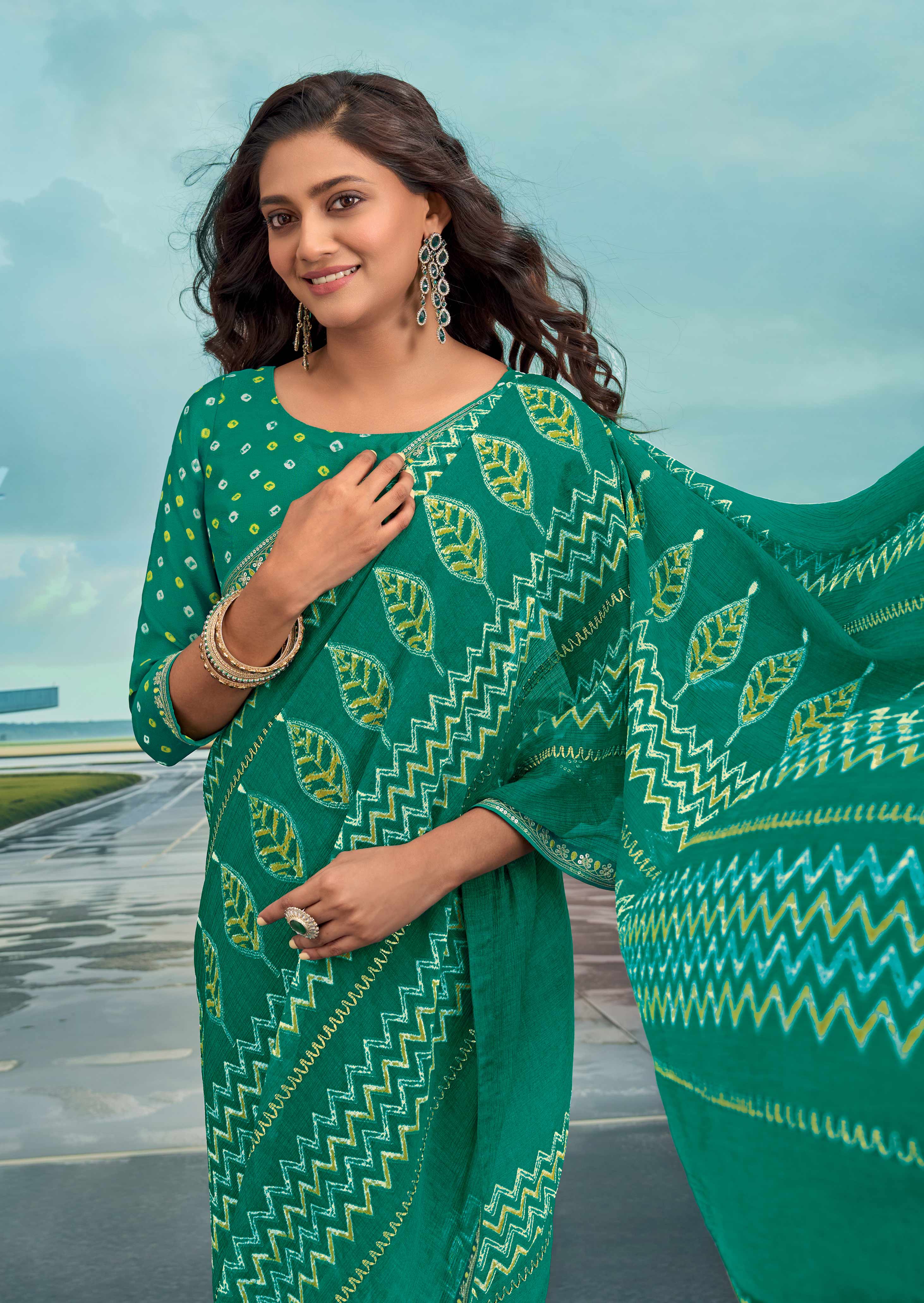 Laxmipati Raadhika Teal Green Chevron Print Chiffon Saree