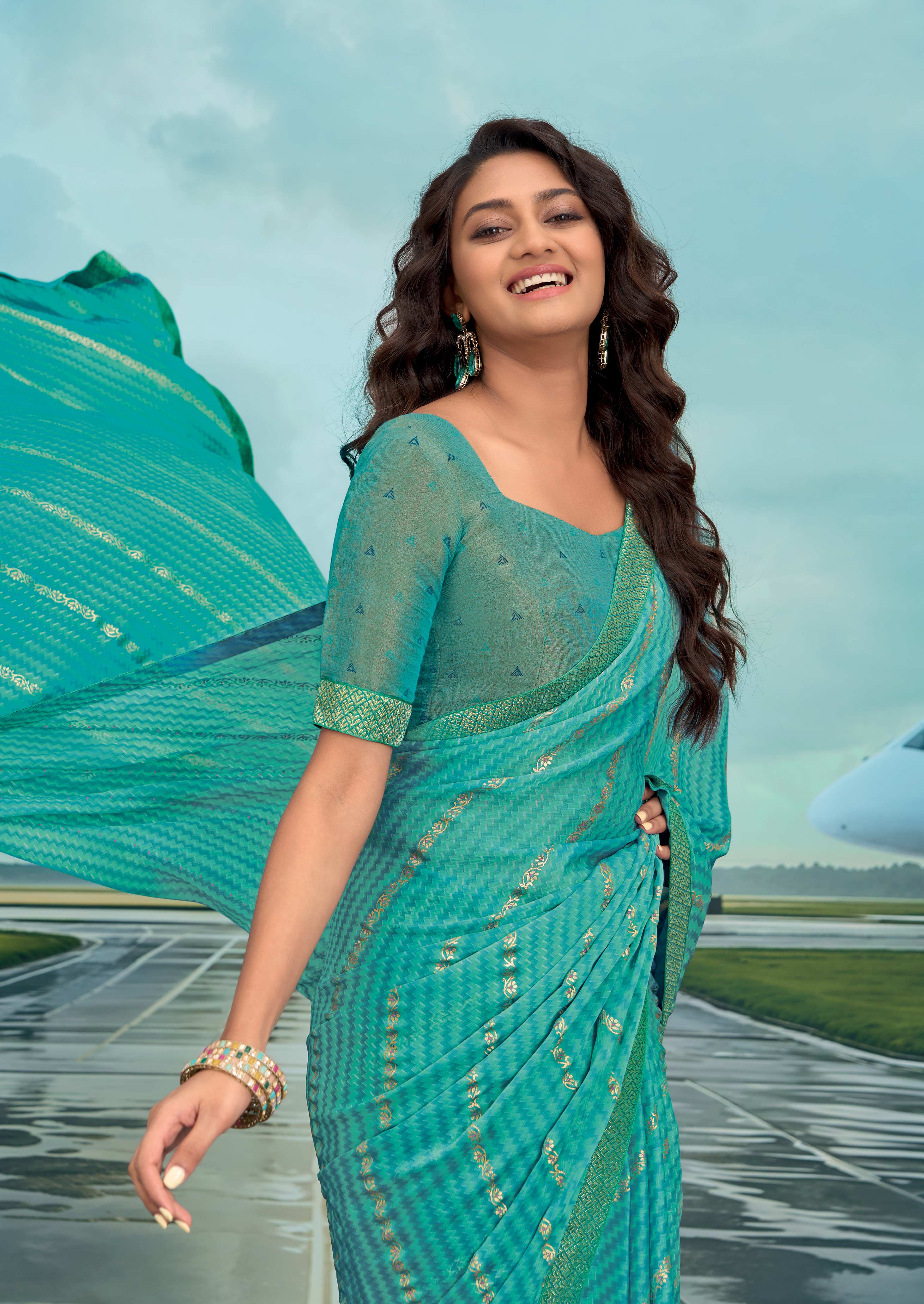 Laxmipati Raadhika Turquoise Blue Chevron Print Silk Saree