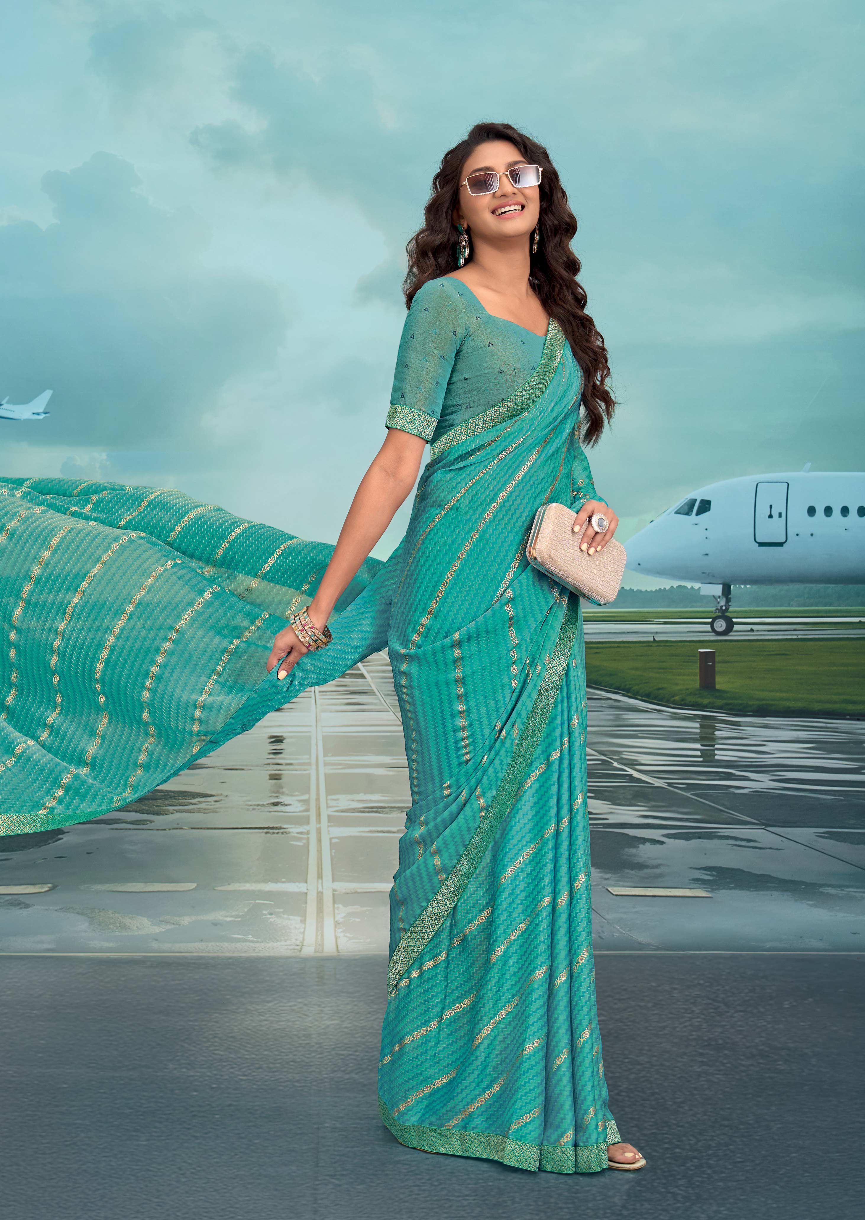 Laxmipati Raadhika Turquoise Blue Chevron Print Silk Saree