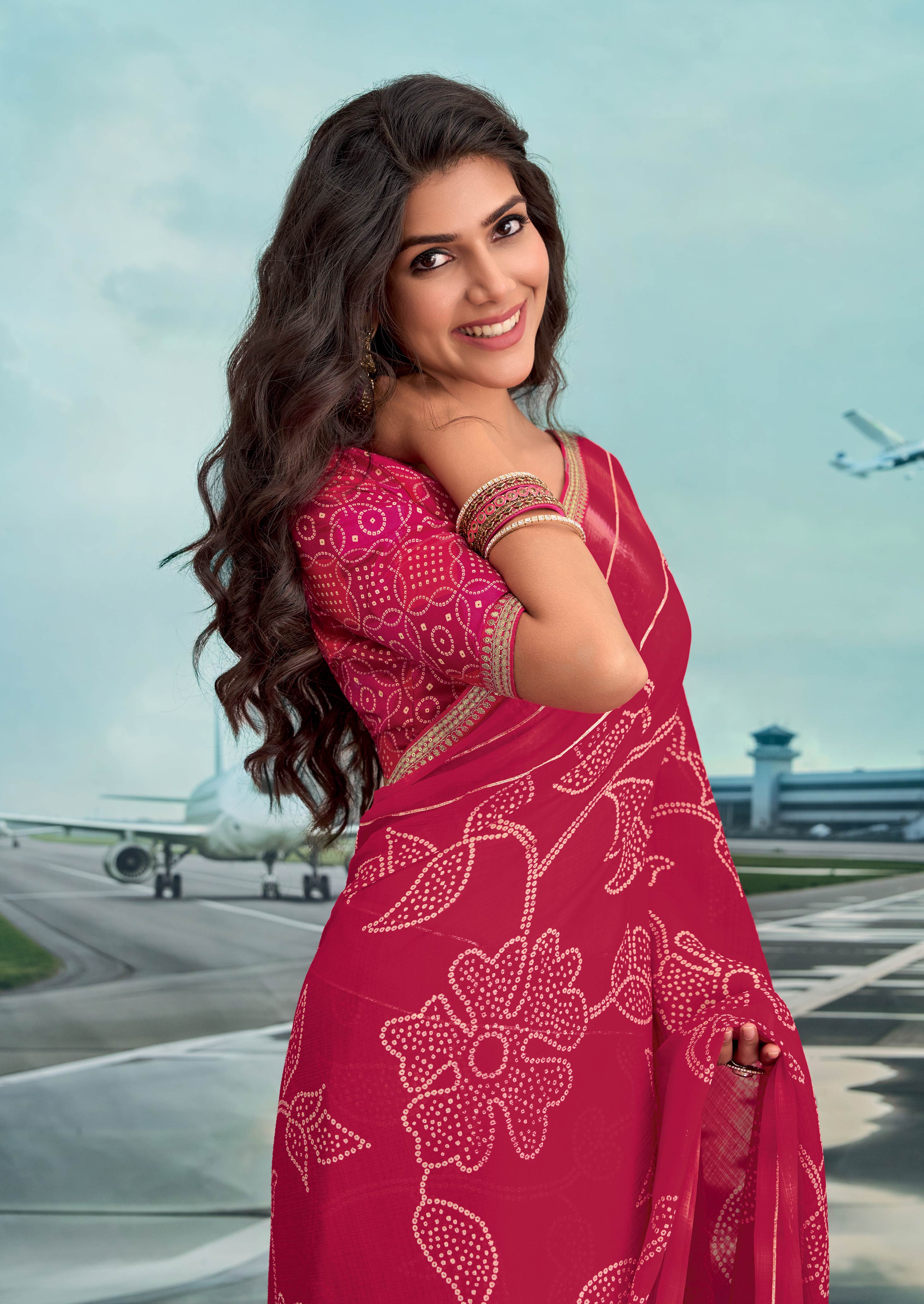 Laxmipati Raadhika Red Floral Print Chiffon Saree