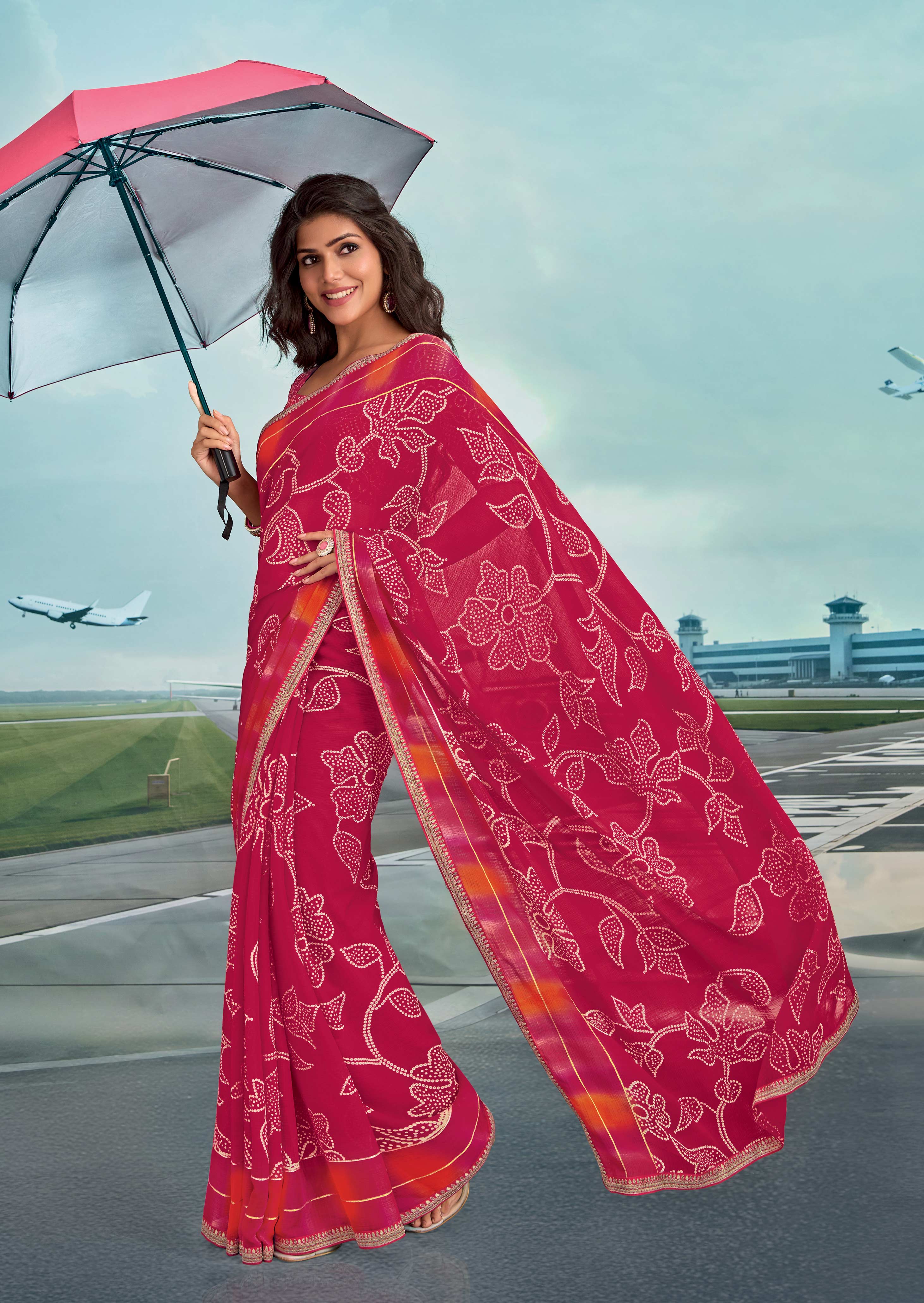 Laxmipati Raadhika Red Floral Print Chiffon Saree