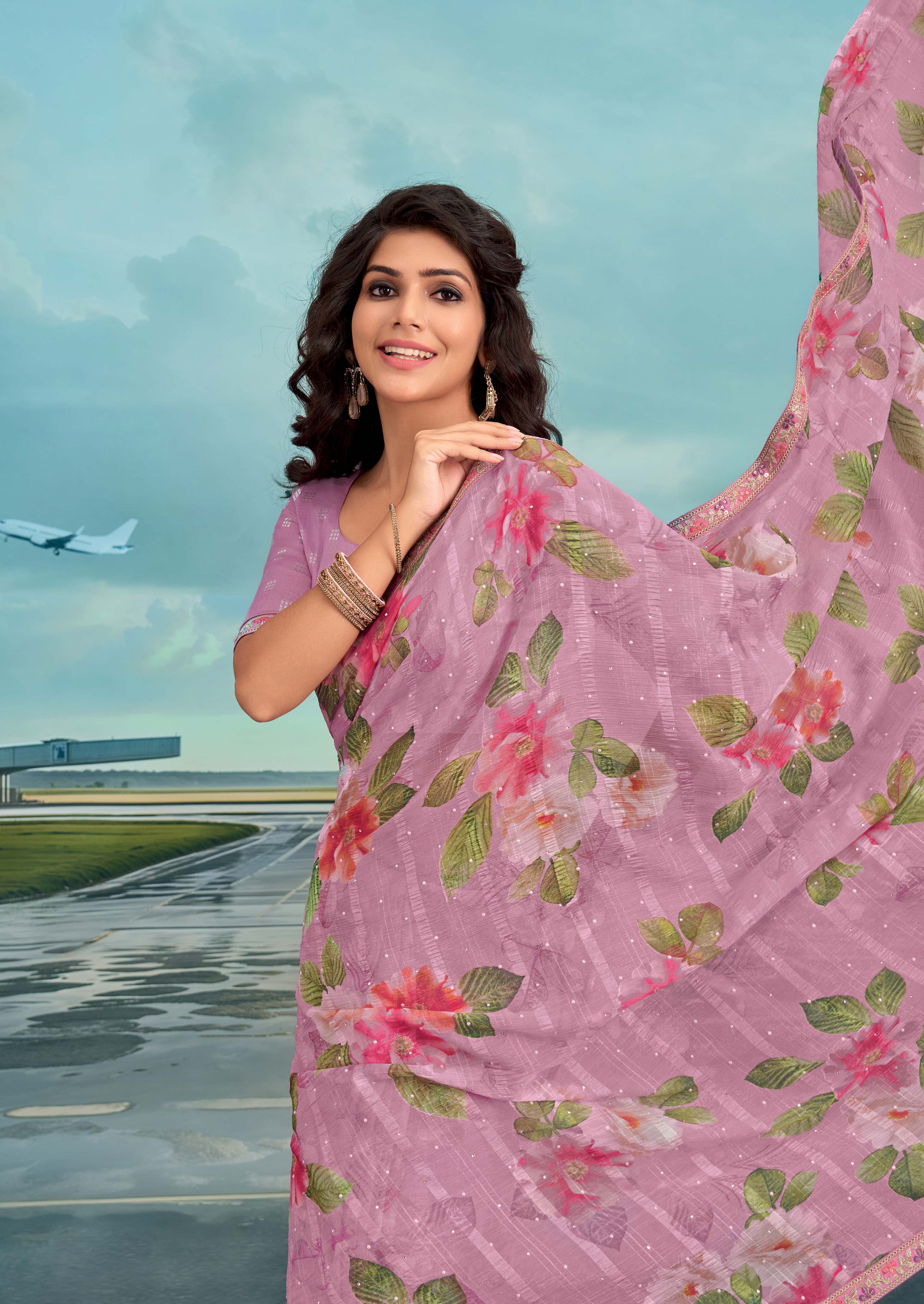 Laxmipati Raadhika Lavender Floral Print Chiffon Saree