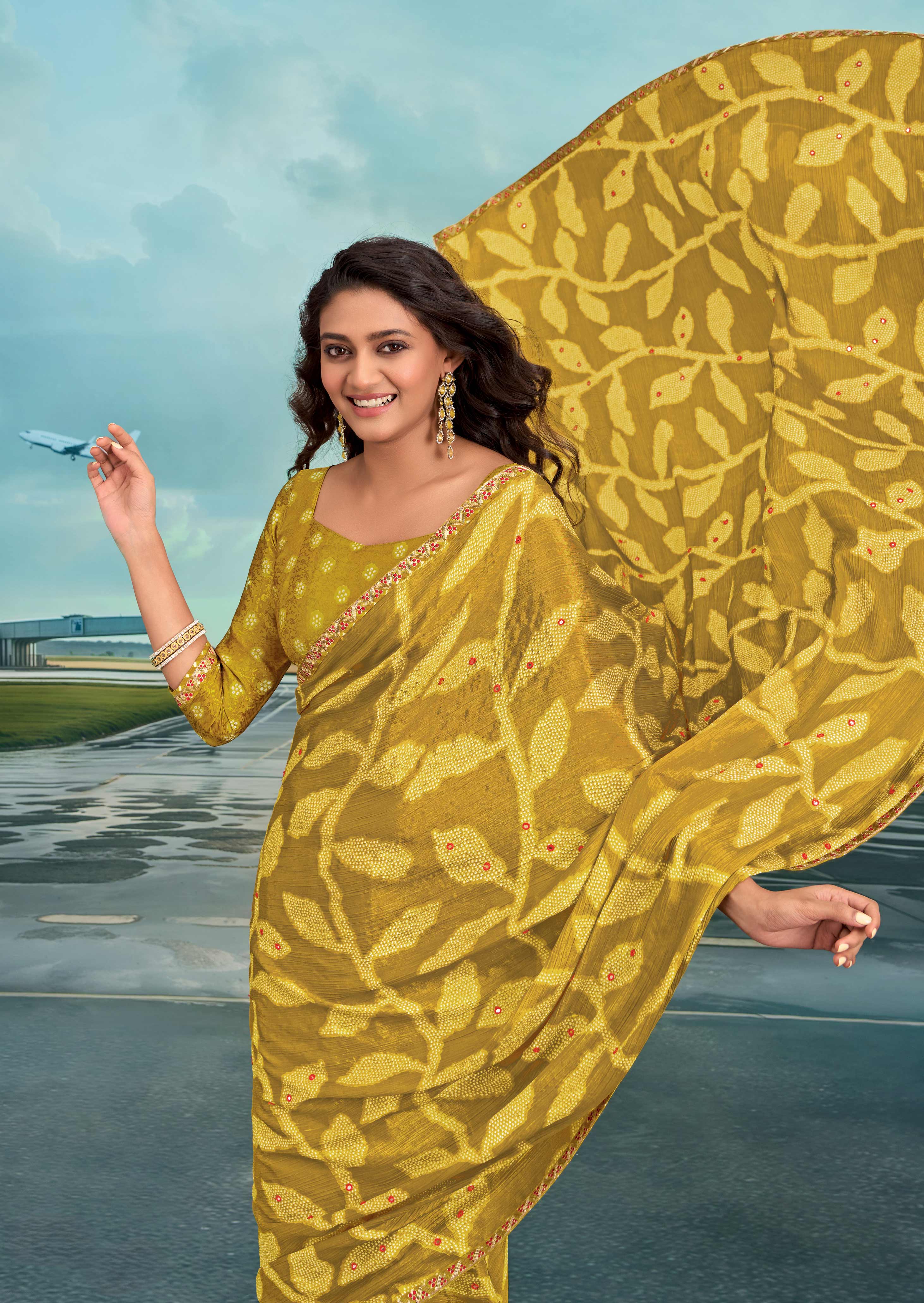 Laxmipati Raadhika Mustard Floral Print Silk Saree