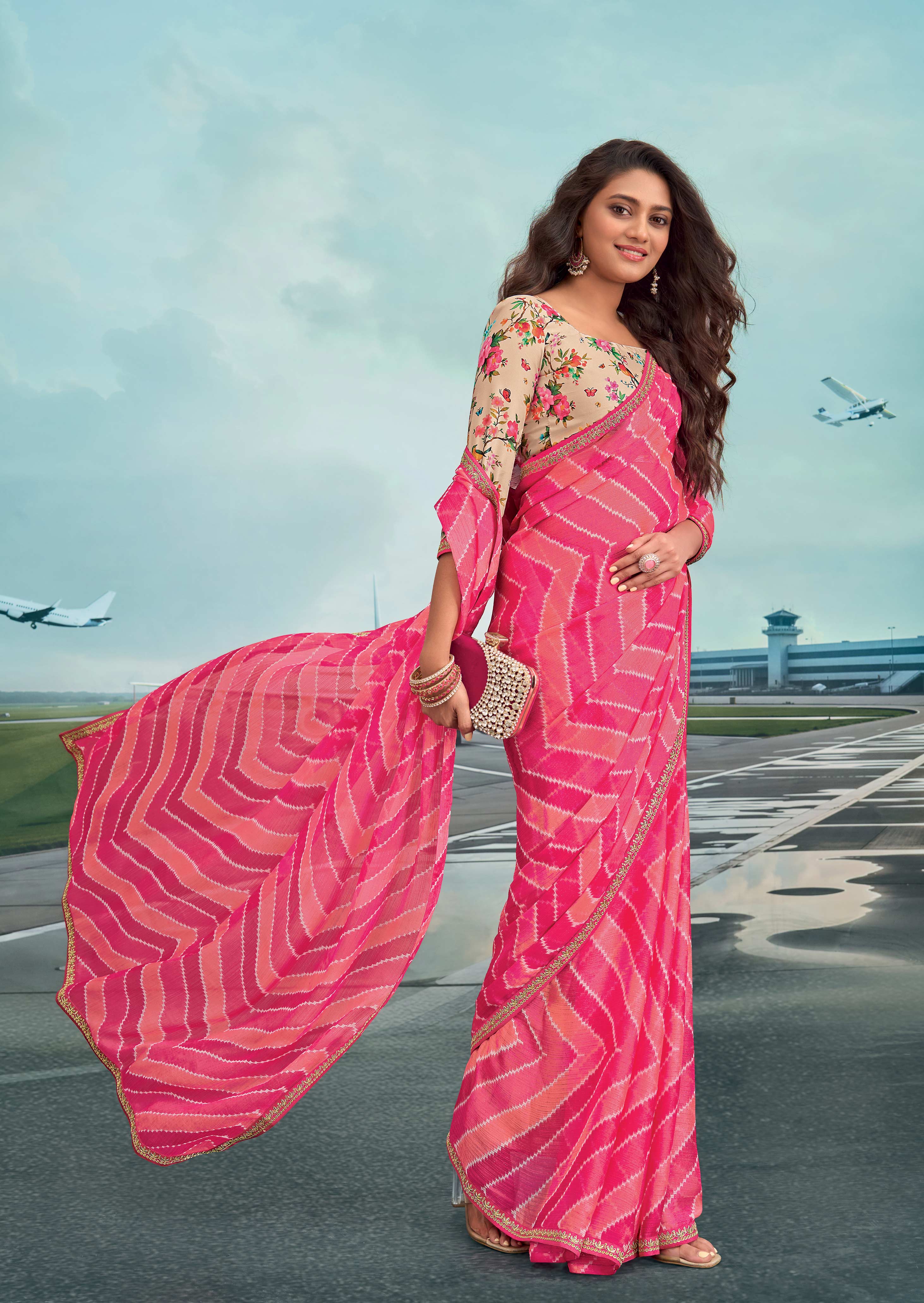 Laxmipati Raadhika Pink Striped Ikat Print Chiffon Saree