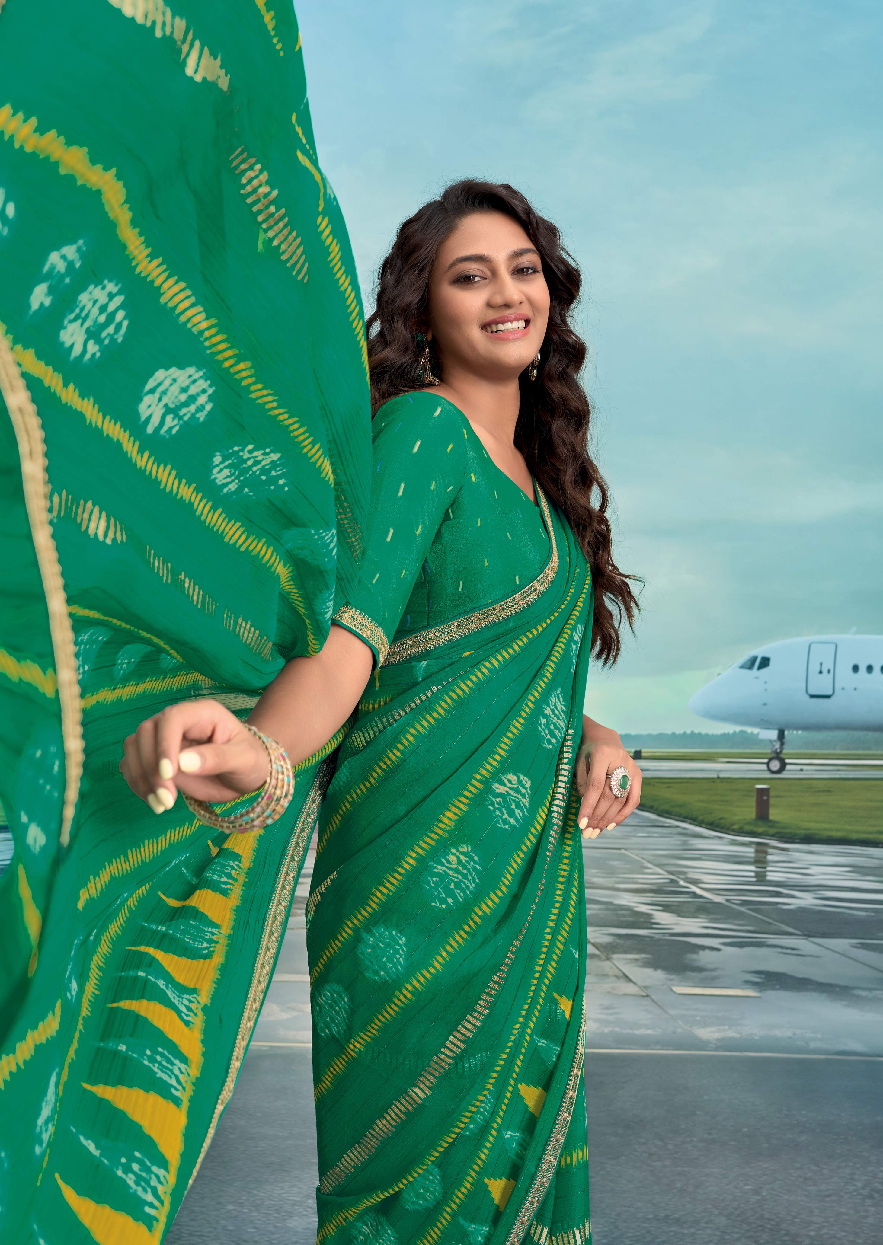 Laxmipati Raadhika Green Chevron Print Chiffon Saree