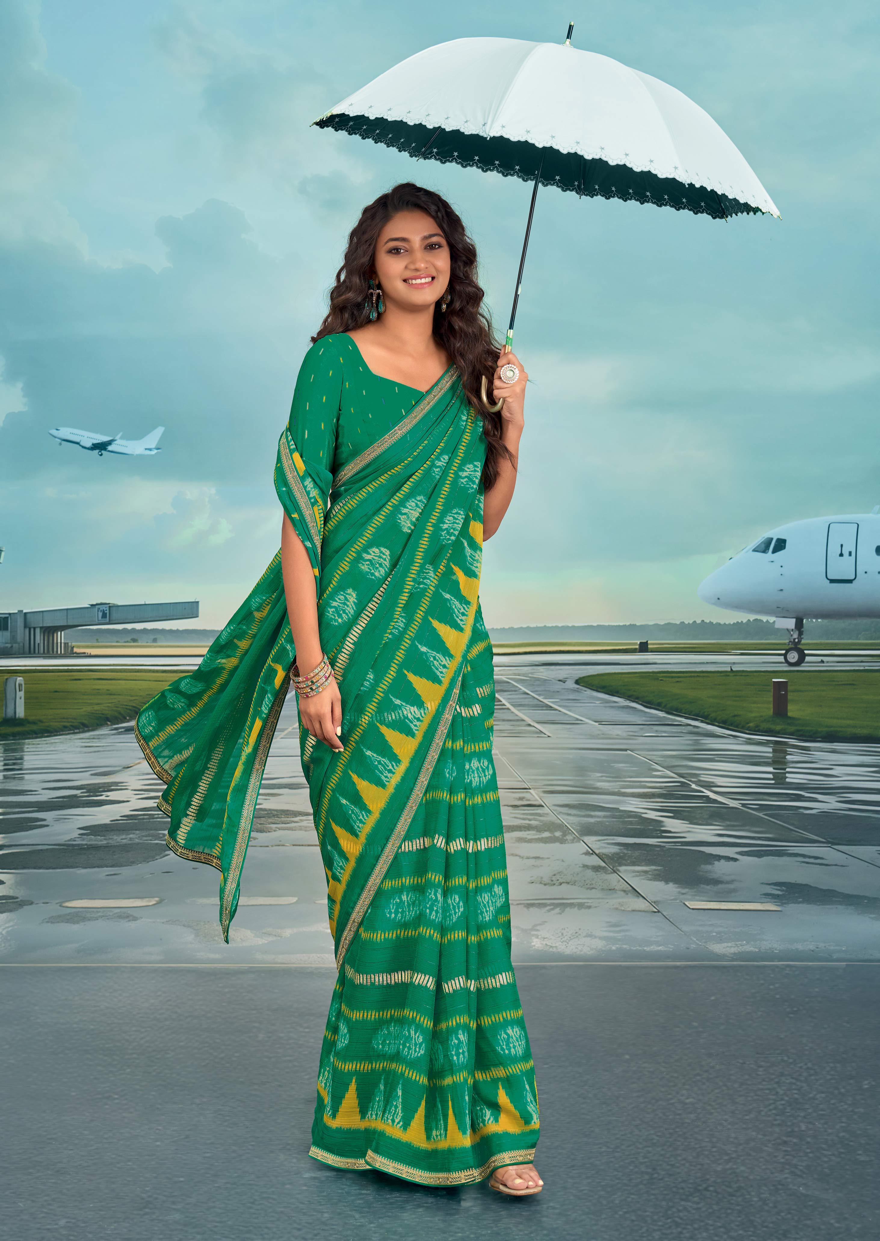 Laxmipati Raadhika Green Chevron Print Chiffon Saree