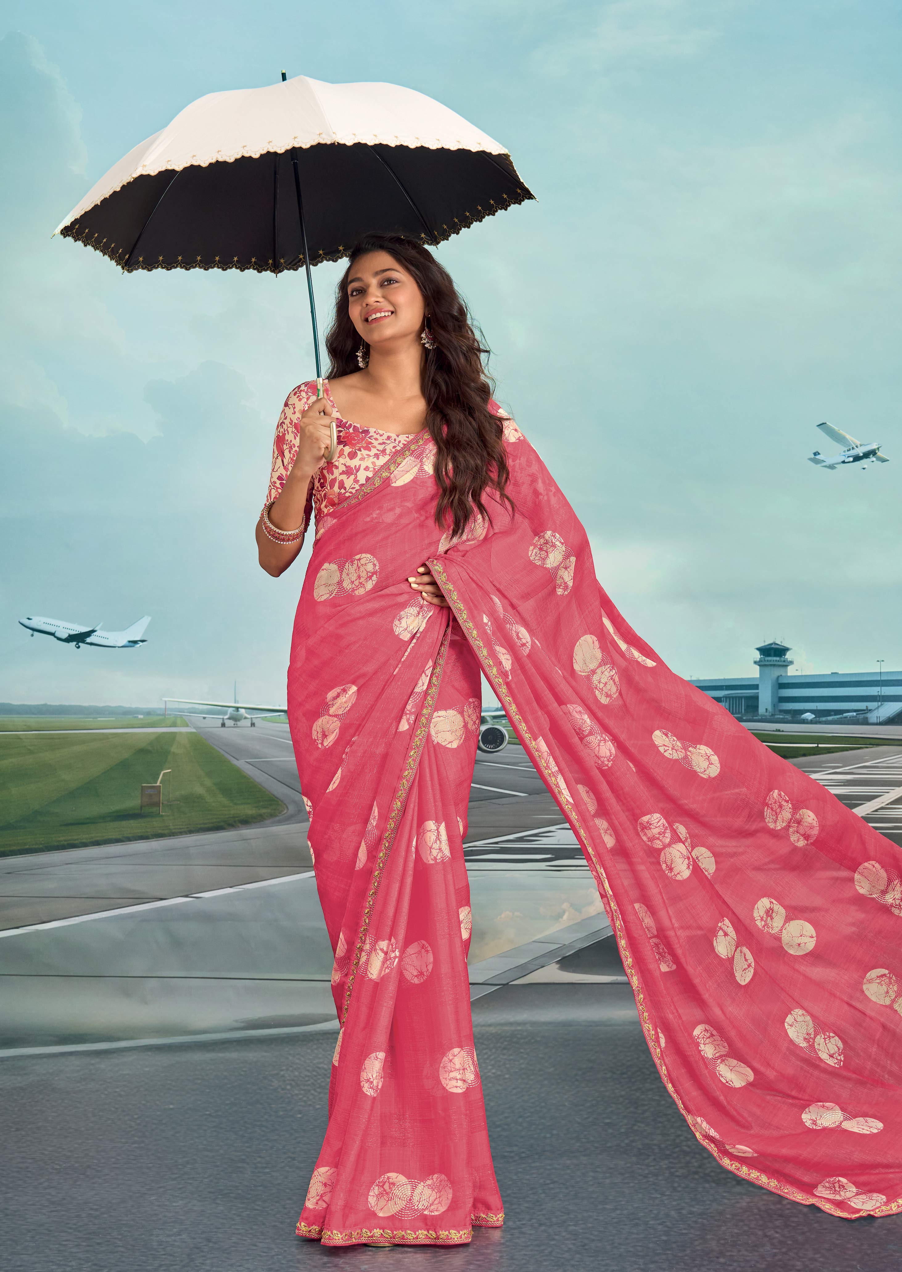 Laxmipati Raadhika Pink Abstract Print Chiffon Saree