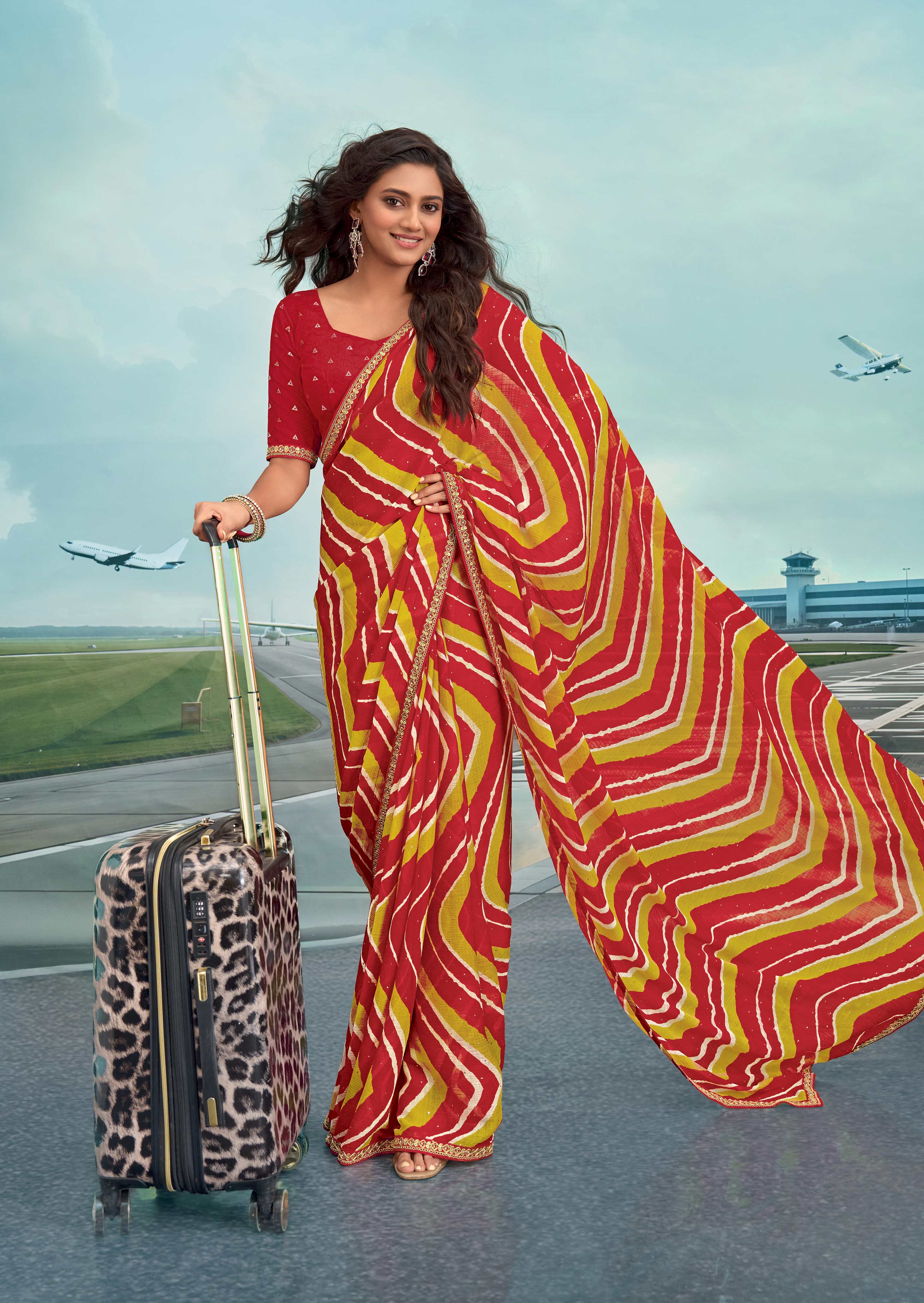 Laxmipati Raadhika Red Diagonal Wavy Striped Print Chiffon Saree