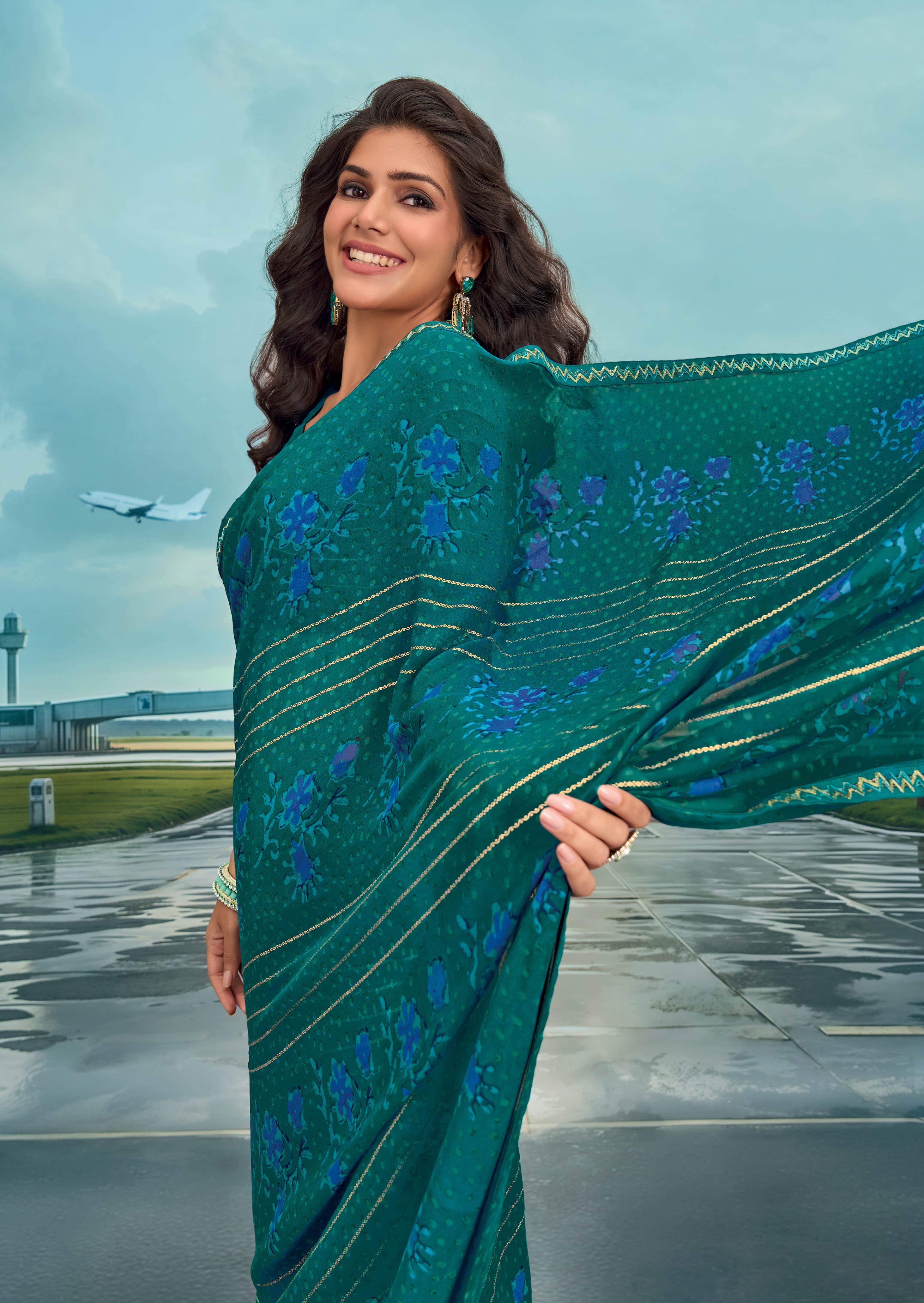 Laxmipati Raadhika Teal Blue Floral Print Georgette Saree