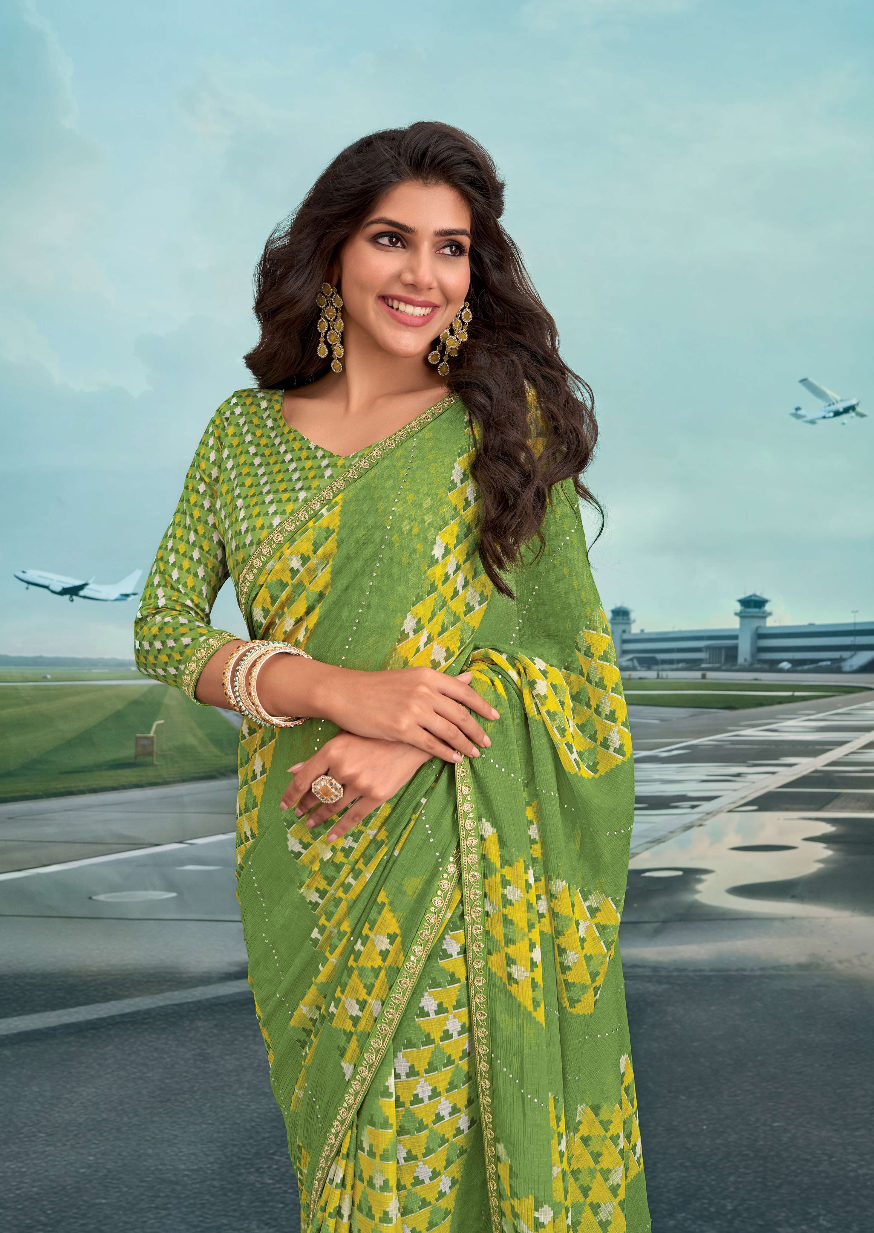 Laxmipati Raadhika Green Geometric Print Chiffon Saree
