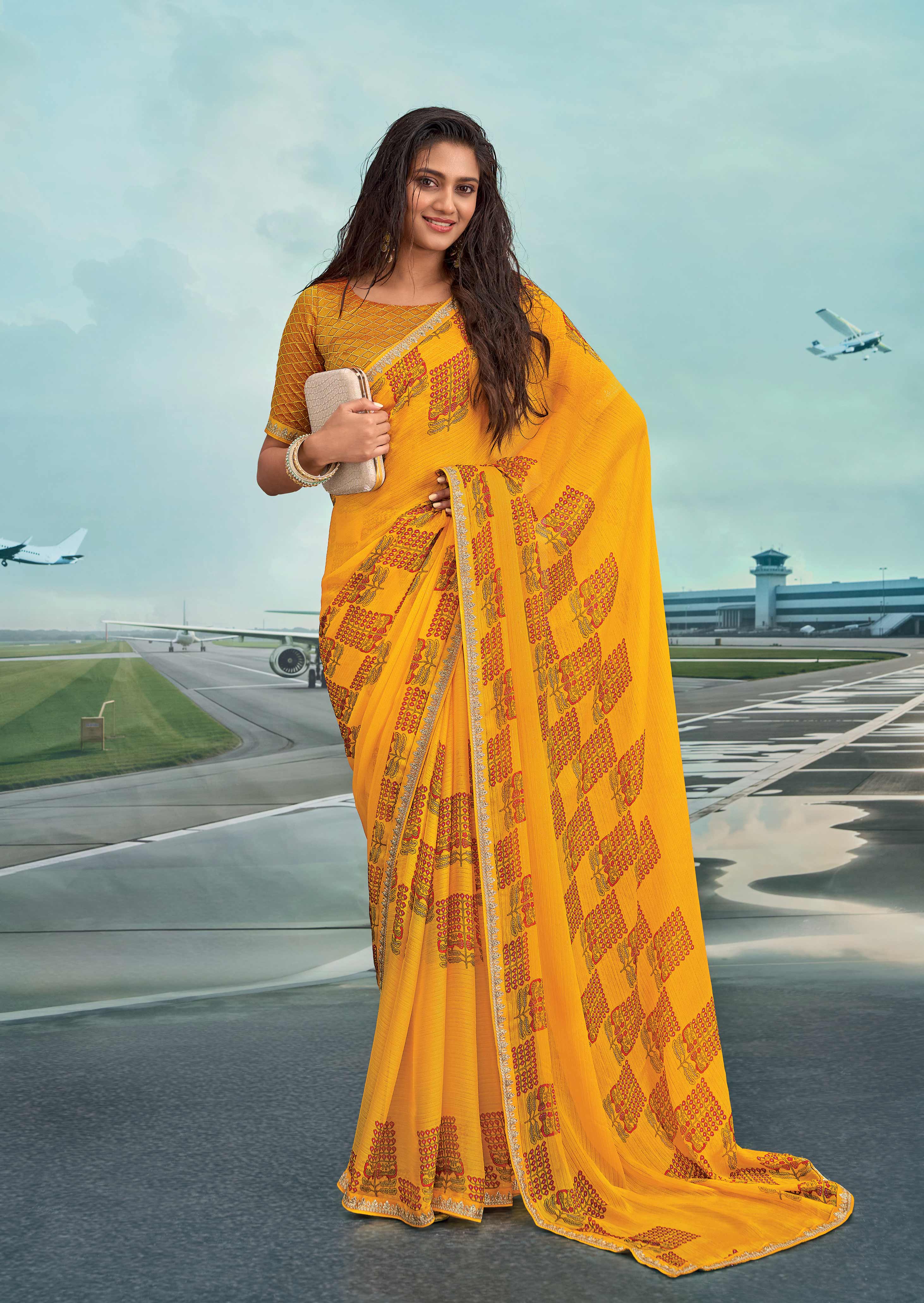Laxmipati Raadhika Mustard Floral Print Chiffon Saree