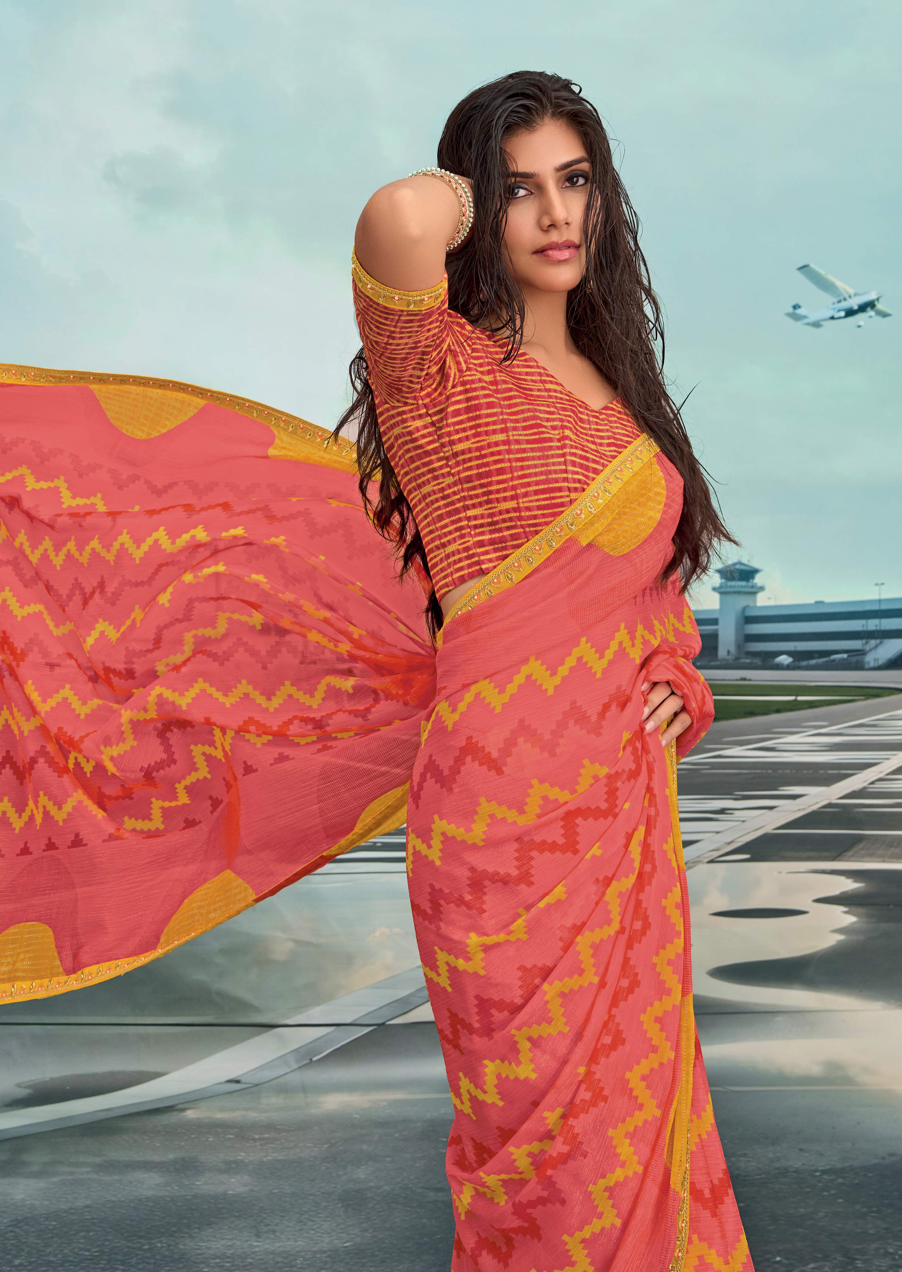 Laxmipati Raadhika Peach Chevron Print Chiffon Saree