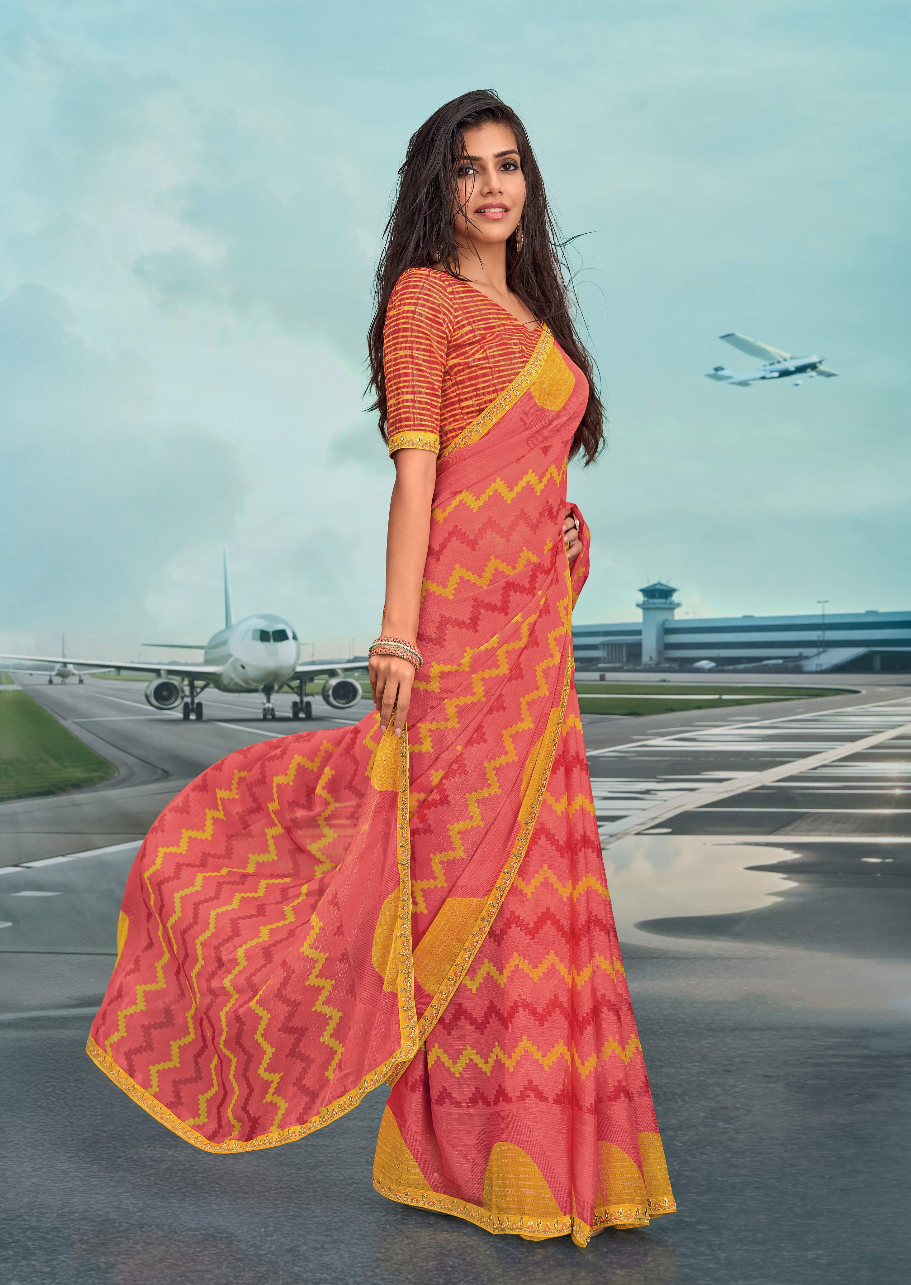 Laxmipati Raadhika Peach Chevron Print Chiffon Saree