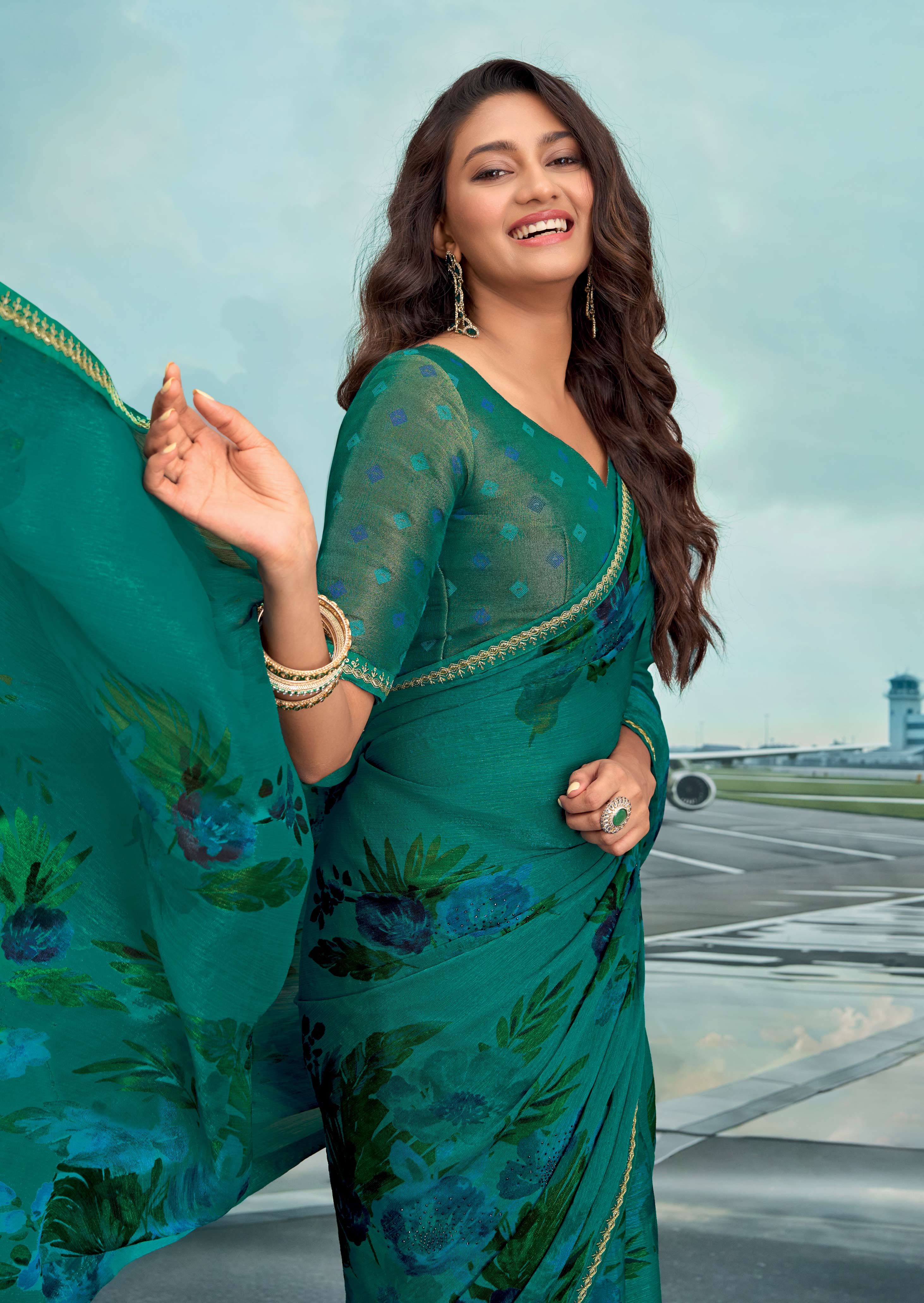 Laxmipati Raadhika Teal Blue Floral Print Chiffon Saree